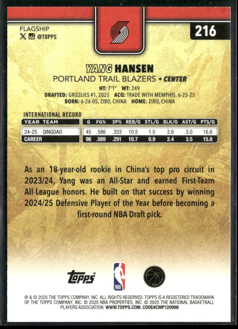 2025 Topps Flagship Basketball Rookie SP Yang Hansen 