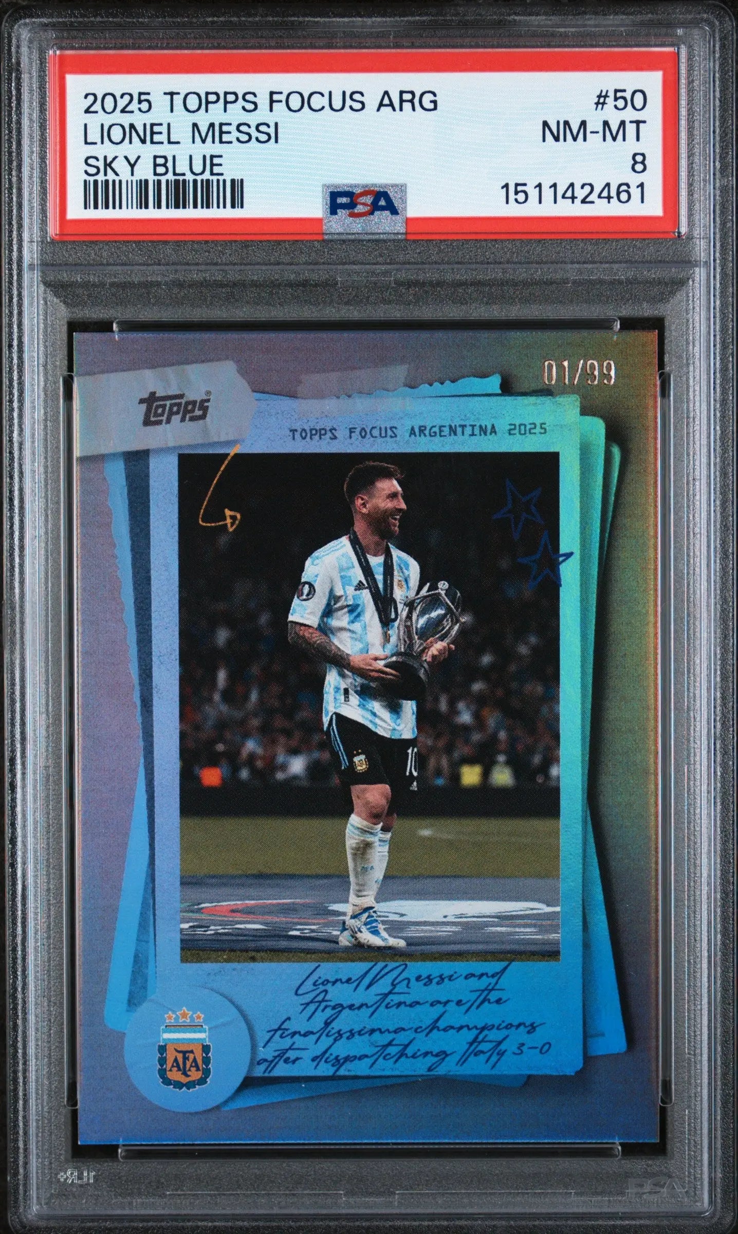 2025 Topps Focus Argentina Sky Blue Lionel Messi #50 /99 PSA 8 