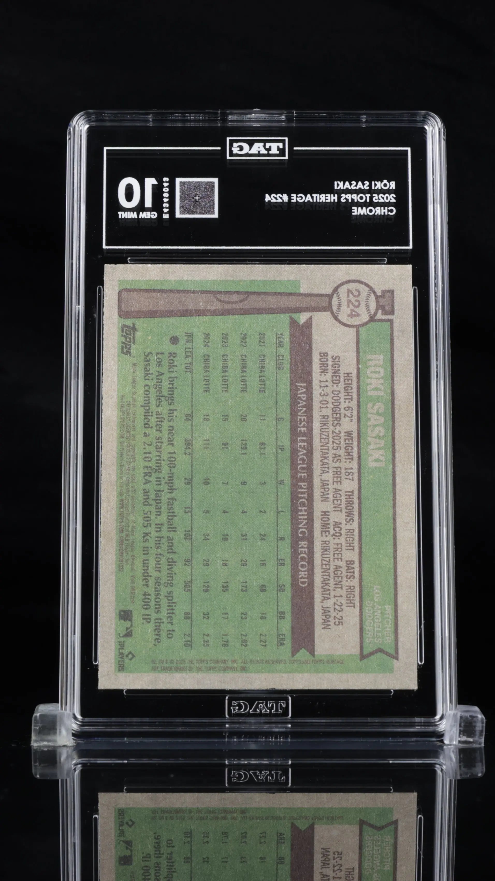 2025 Topps Heritage Chrome Baseball Rōki Sasaki RC Rookie #224 TAG 10 