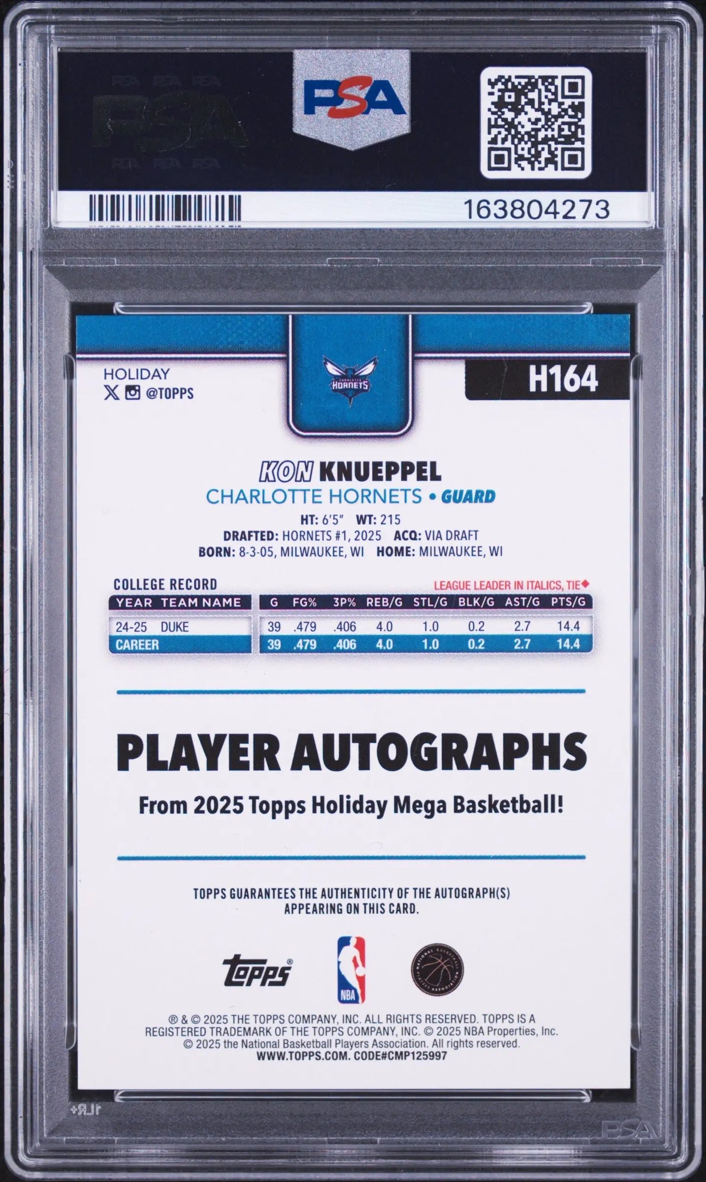 2025 Topps Holiday Mega Basketball Autograph Rookie Kon Knueppel Auto RC PSA 10 