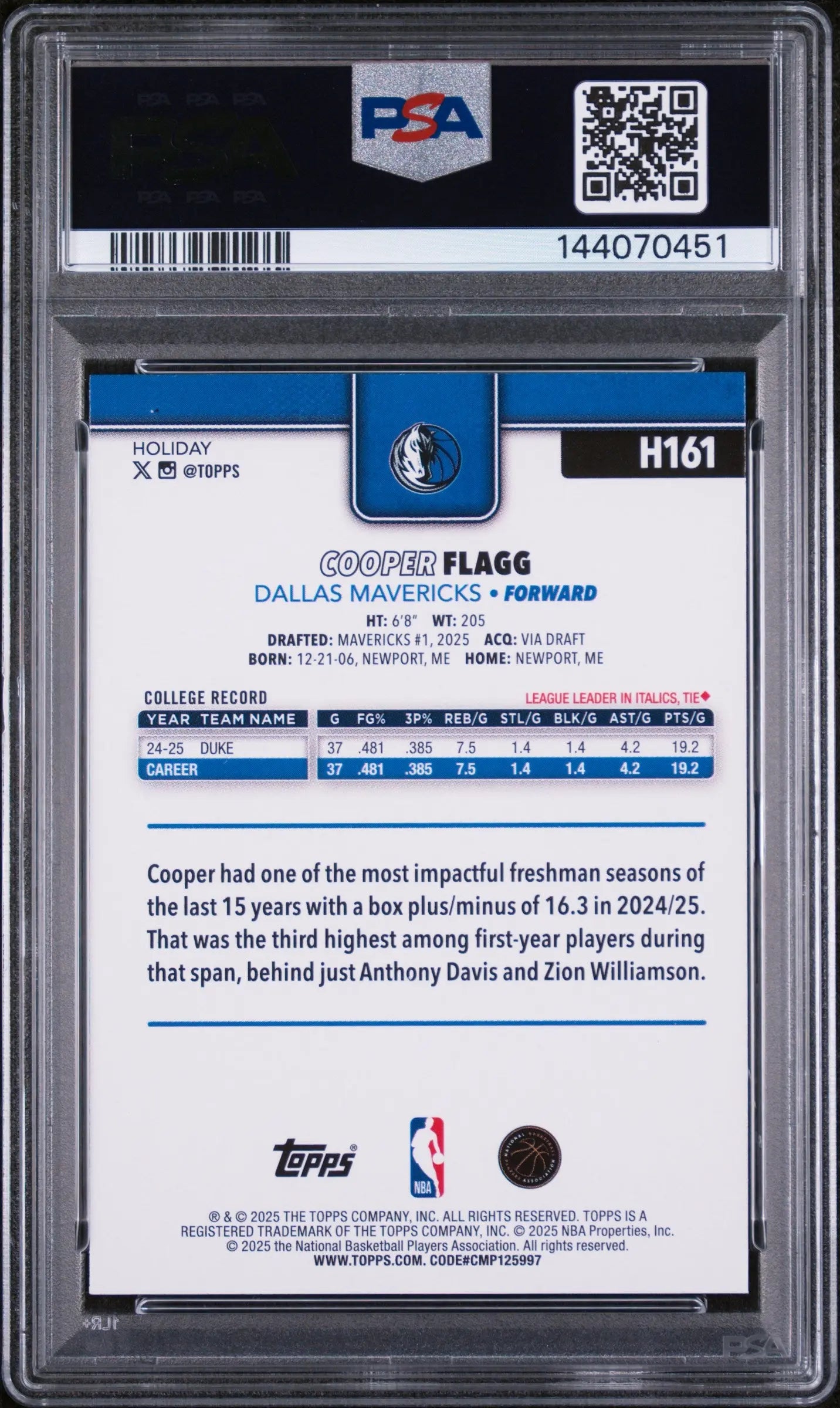 2025 Topps Holiday Rookie Cooper Flagg RC PSA 10 