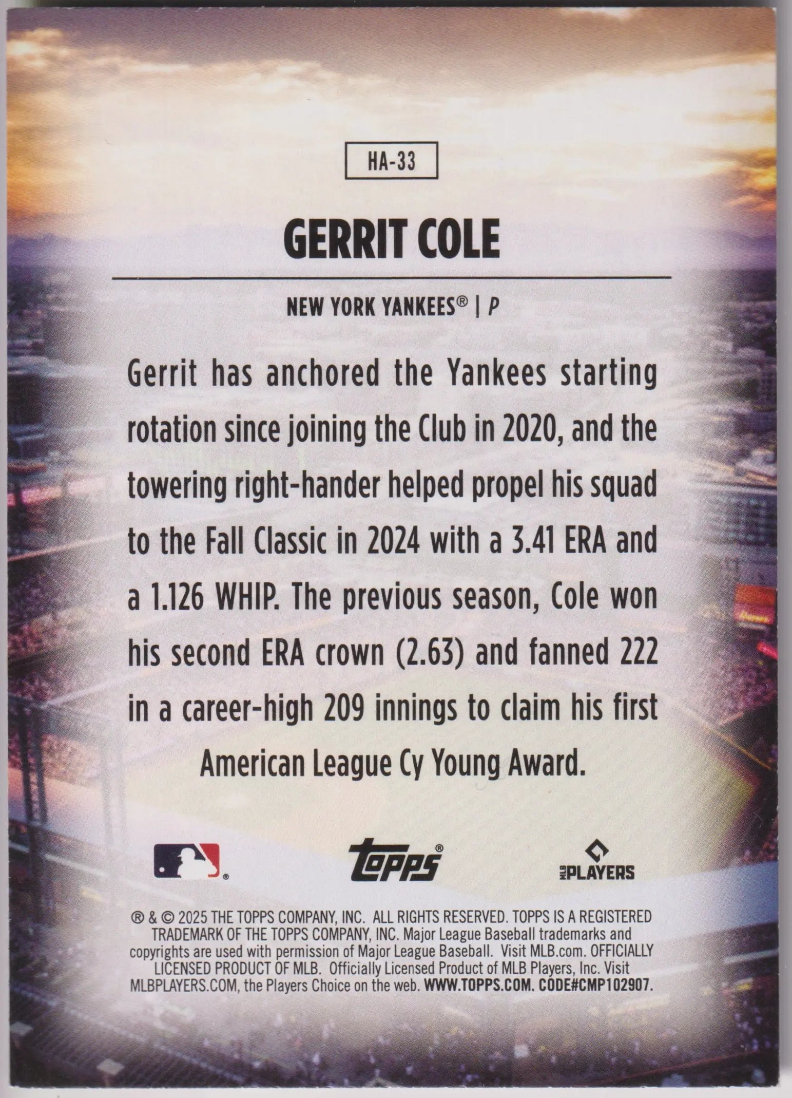 2025 Topps Home Field Advantage Gerrit Cole 
