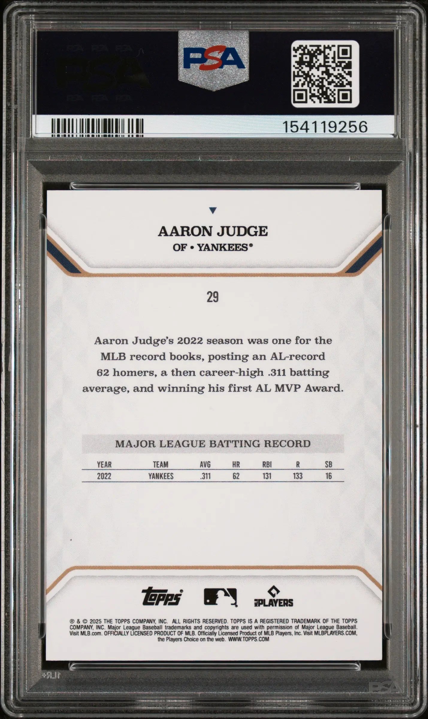 2025 Topps MLB MVP Collection Aaron Judge Blue Foil /35 PSA 9 