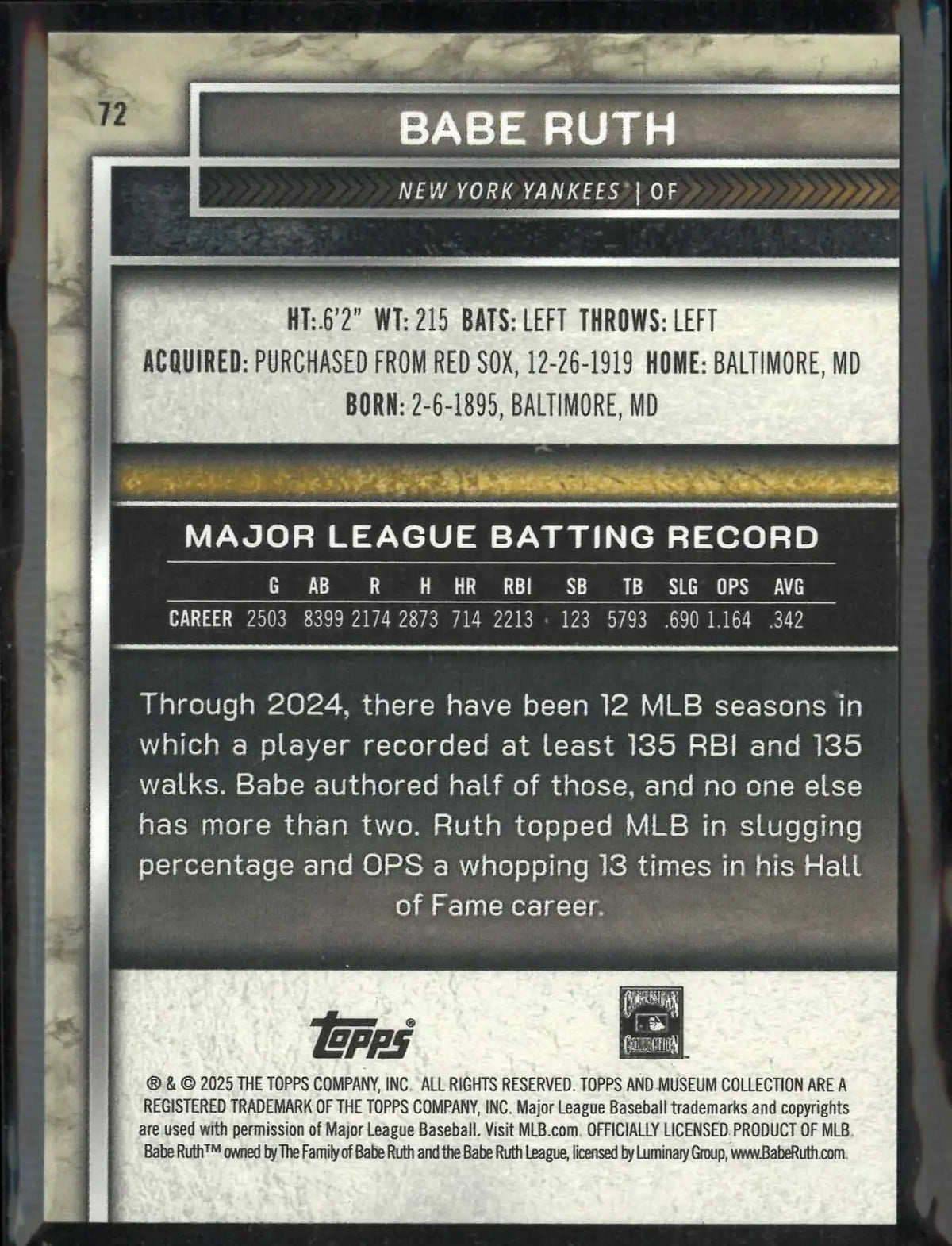2025 Topps Museum Collection Babe Ruth Black Diamond /10 