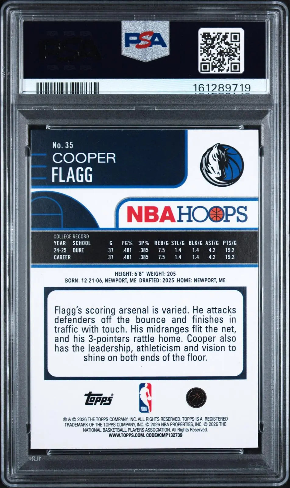 2025 Topps NBA Hoops Basketball Rookie Cooper Flagg RC PSA 10 