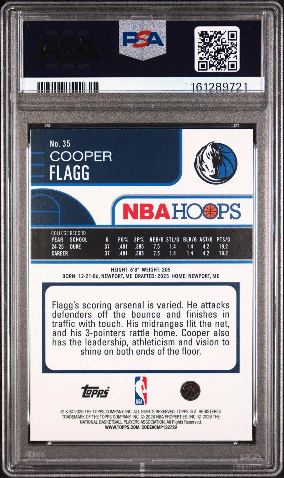 2025 Topps NBA Hoops Basketball Rookie Cooper Flagg RC PSA 10 