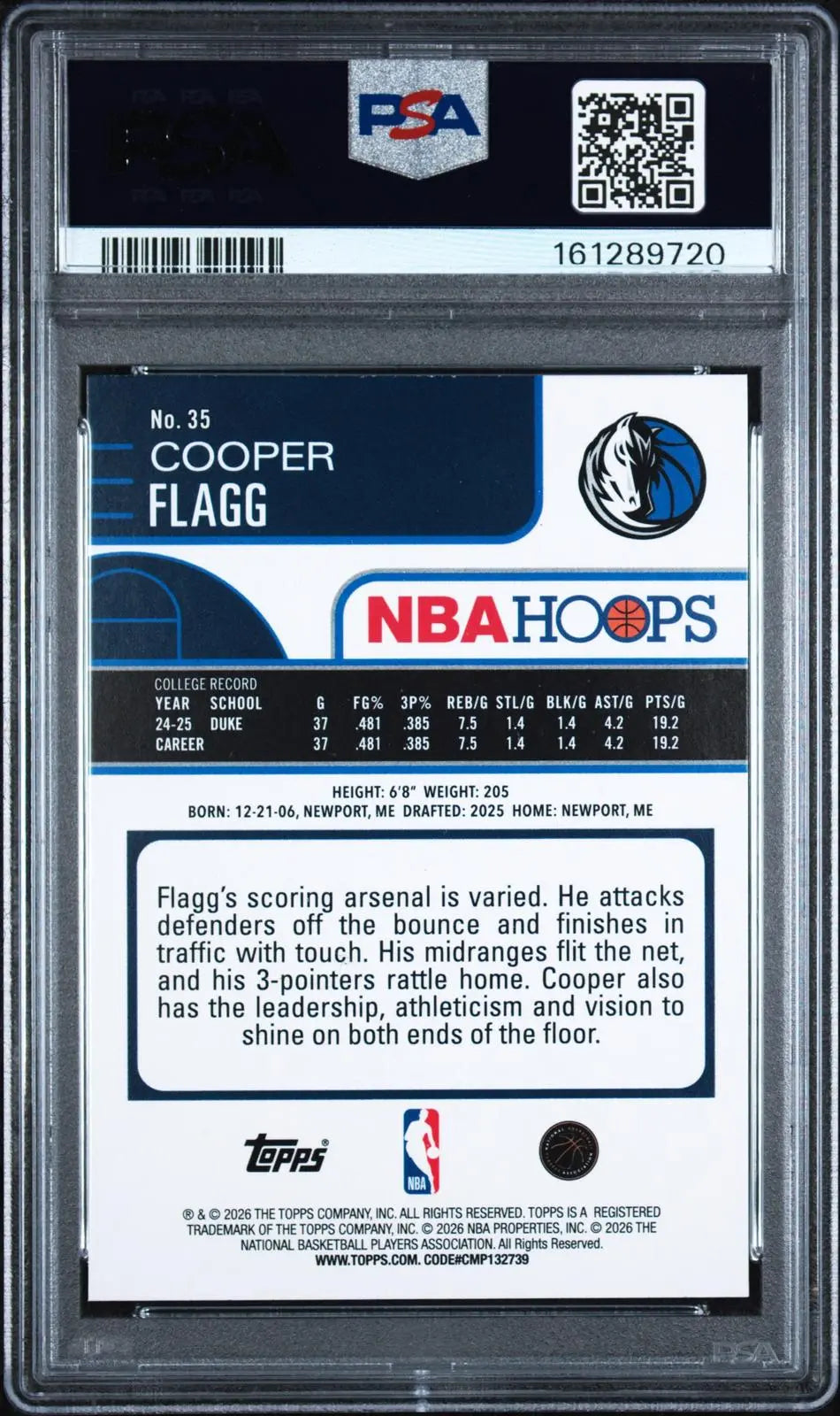 2025 Topps NBA Hoops Basketball Rookie Cooper Flagg RC PSA 9 
