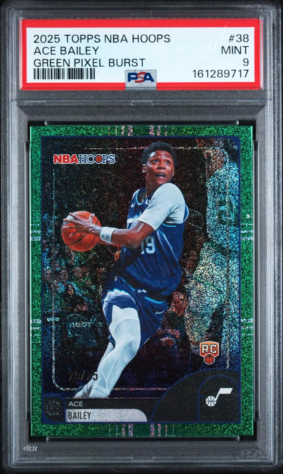 2025 Topps NBA Hoops Rookie Ace Bailey RC Green Pixel Burst /75 PSA 9 