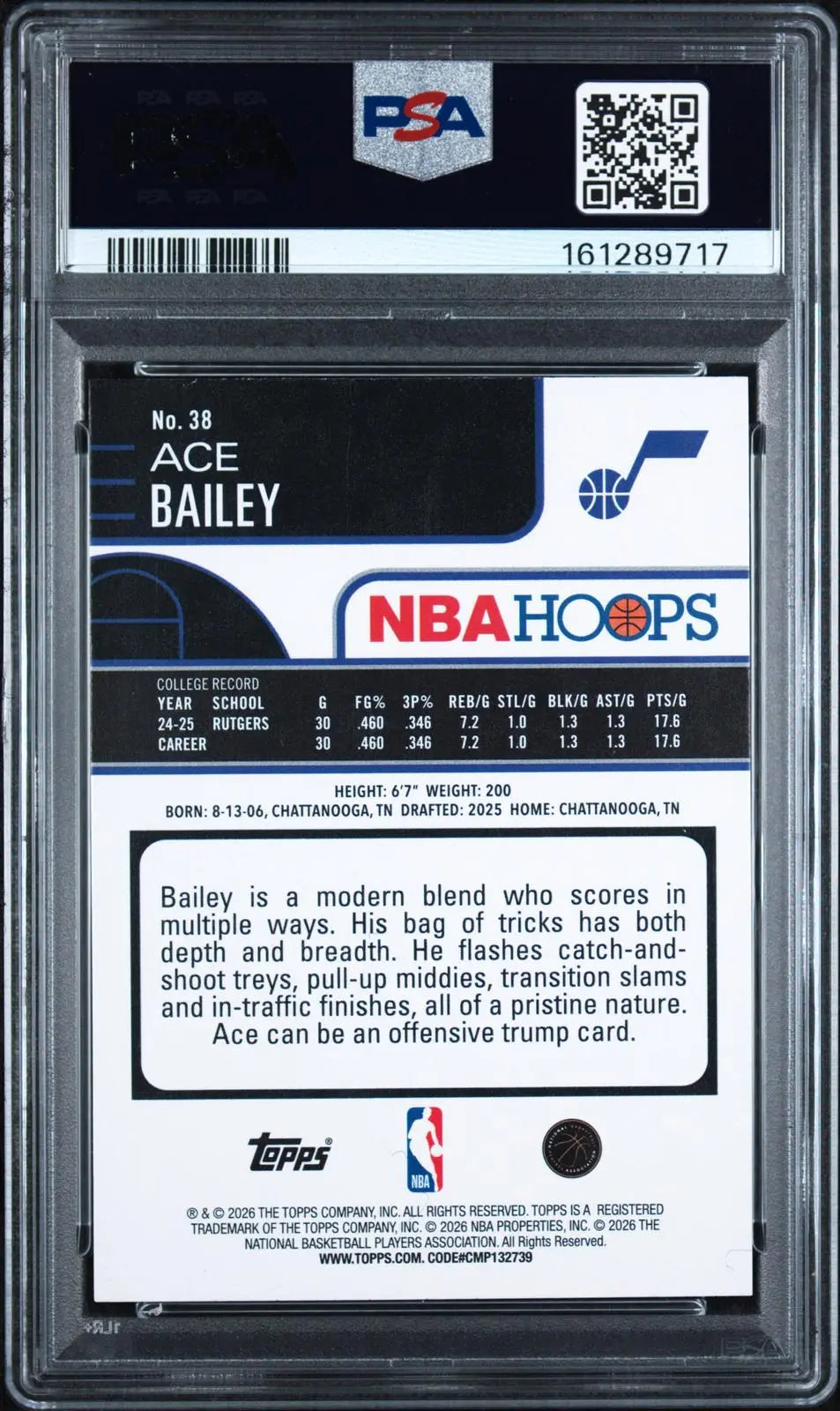 2025 Topps NBA Hoops Rookie Ace Bailey RC Green Pixel Burst /75 PSA 9 