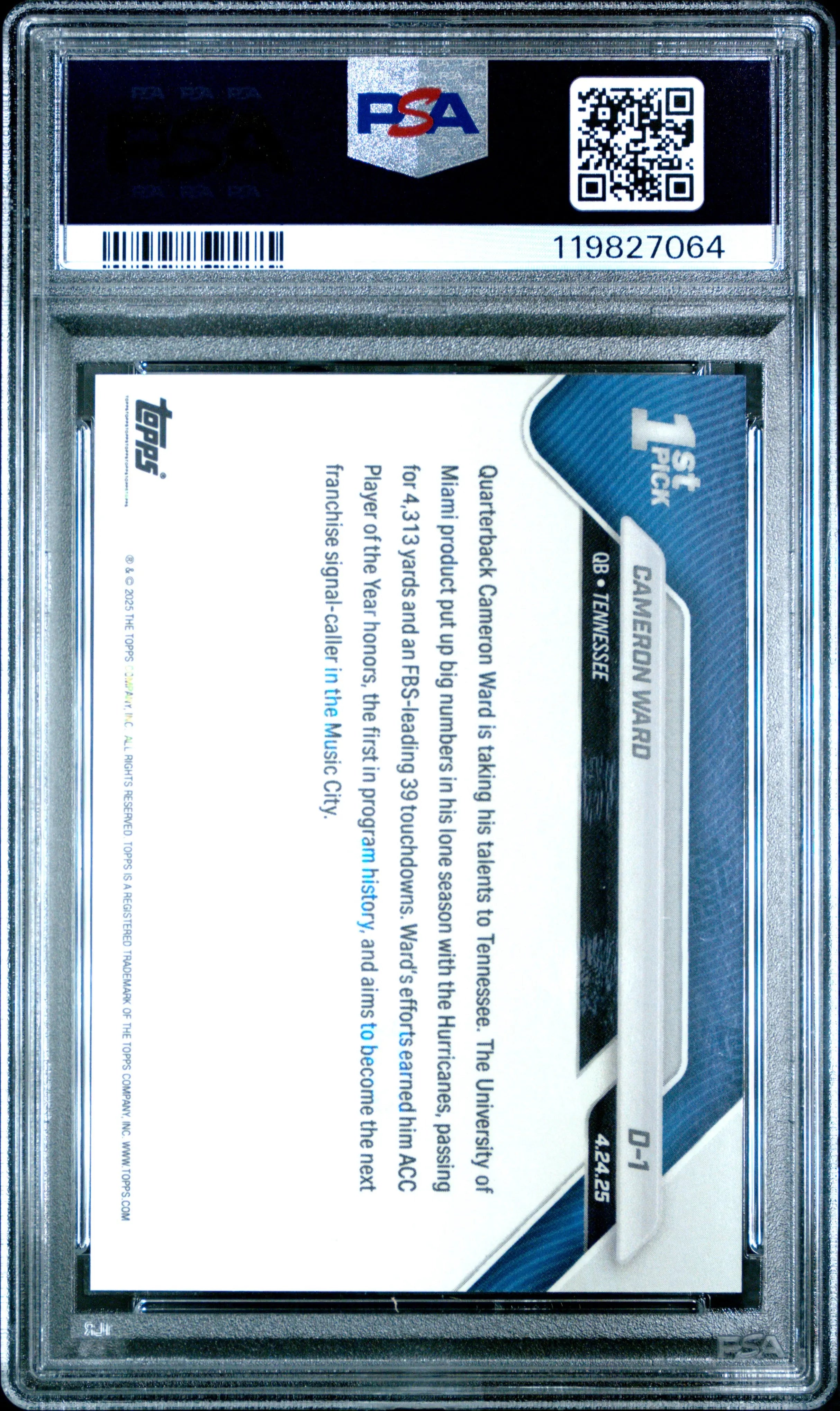 2025 Topps Now Football Cameron Ward RC Rookie 1st Pick PSA 10 