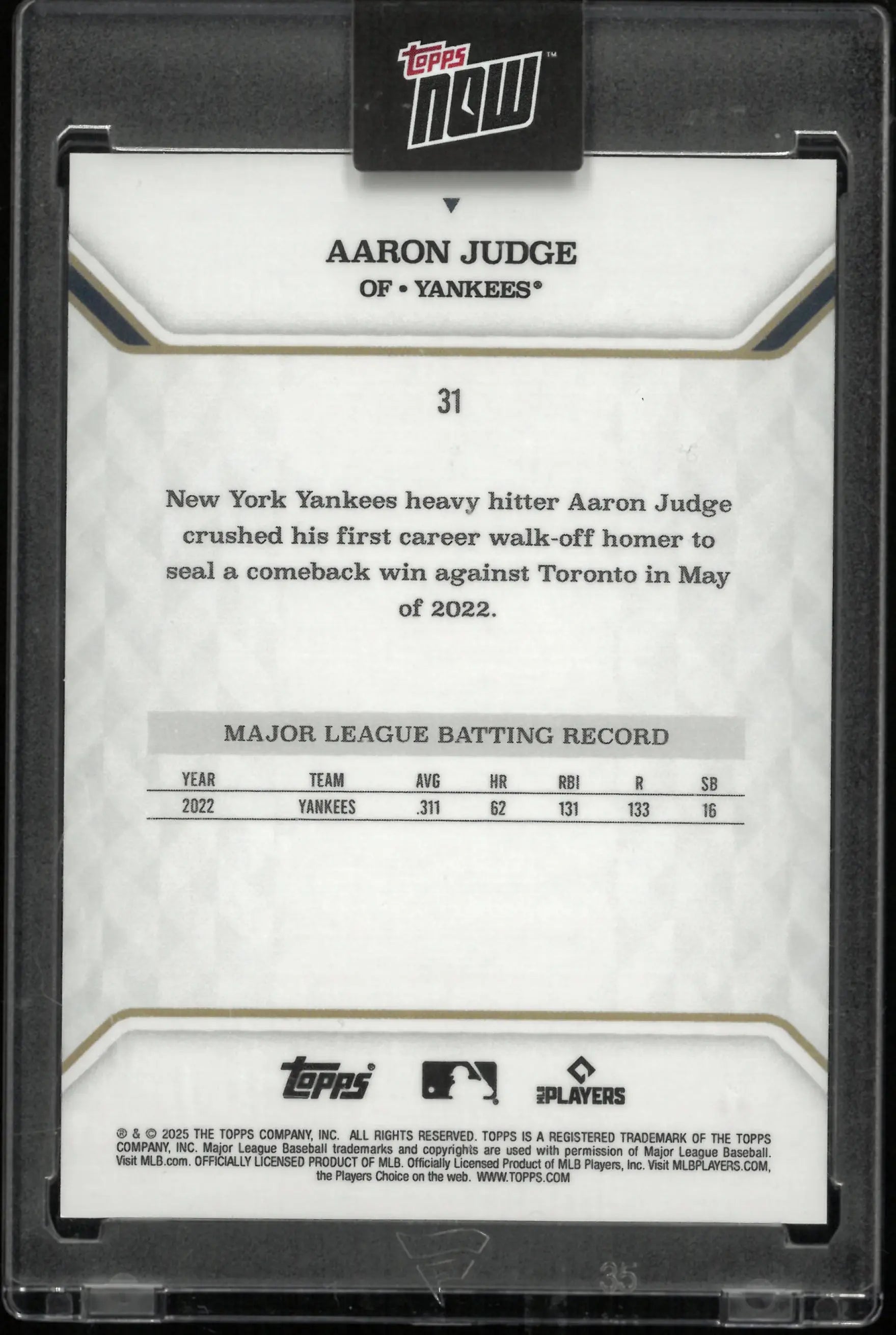 2025 Topps Now MVP Collection Aaron Judge Gold /50 