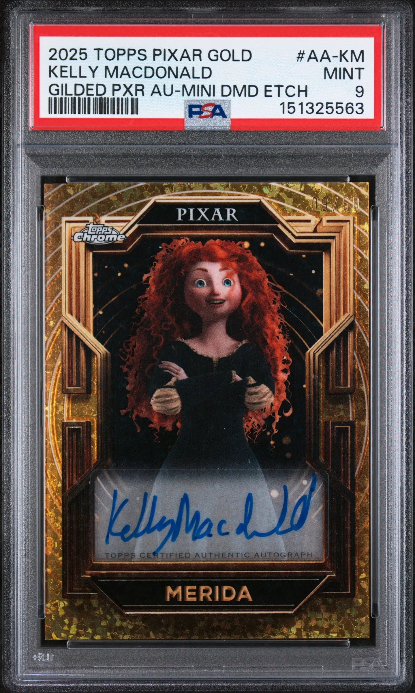 2025 Topps Pixar Gilded Merida Autographs Kelly Macdonald Gold Mini Dia/50 PSA 9 