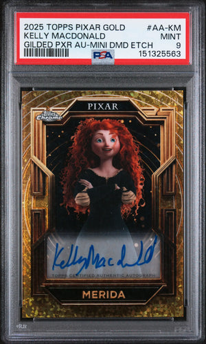 2025 Topps Pixar Gilded Merida Autographs Kelly Macdonald Gold Mini Dia/50 PSA 9 