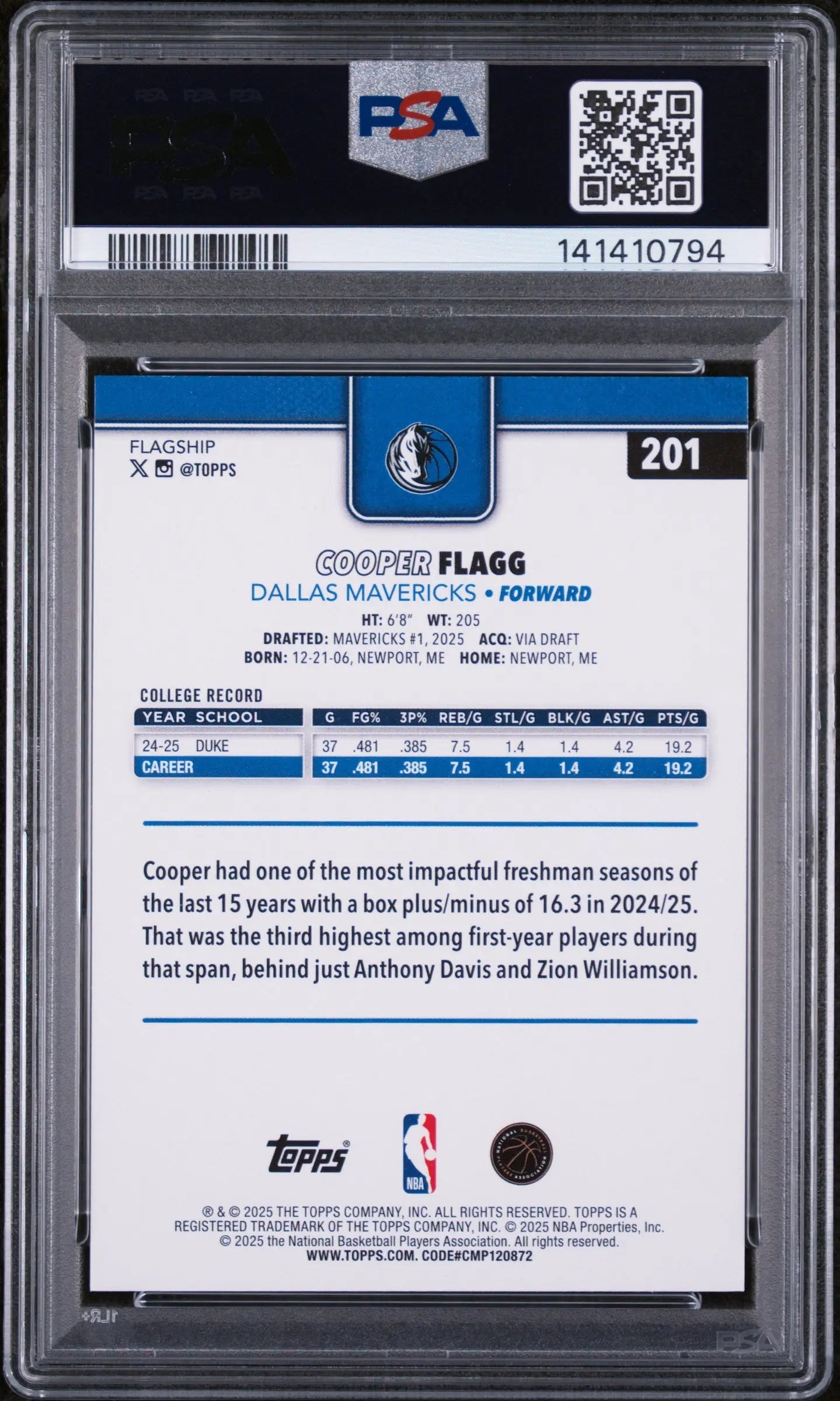 2025 Topps Rookie Cooper Flagg RC PSA 10 