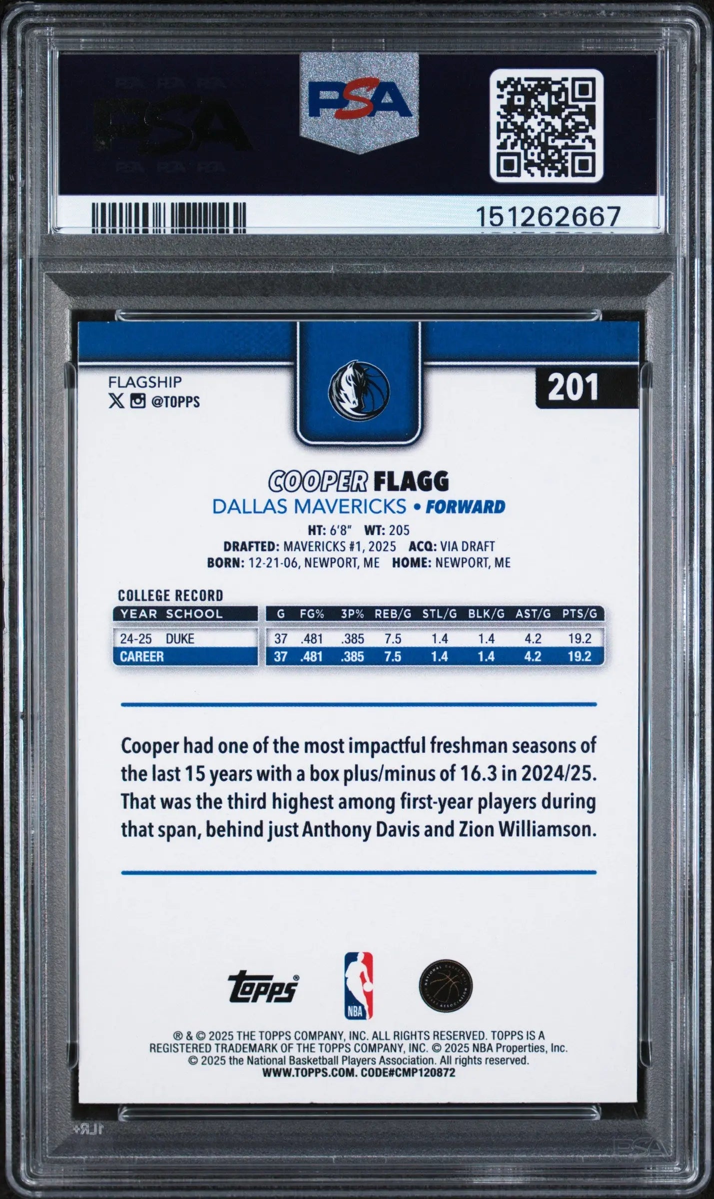 2025 Topps Rookie Cooper Flagg Rainbow Foilboard RC PSA 9 