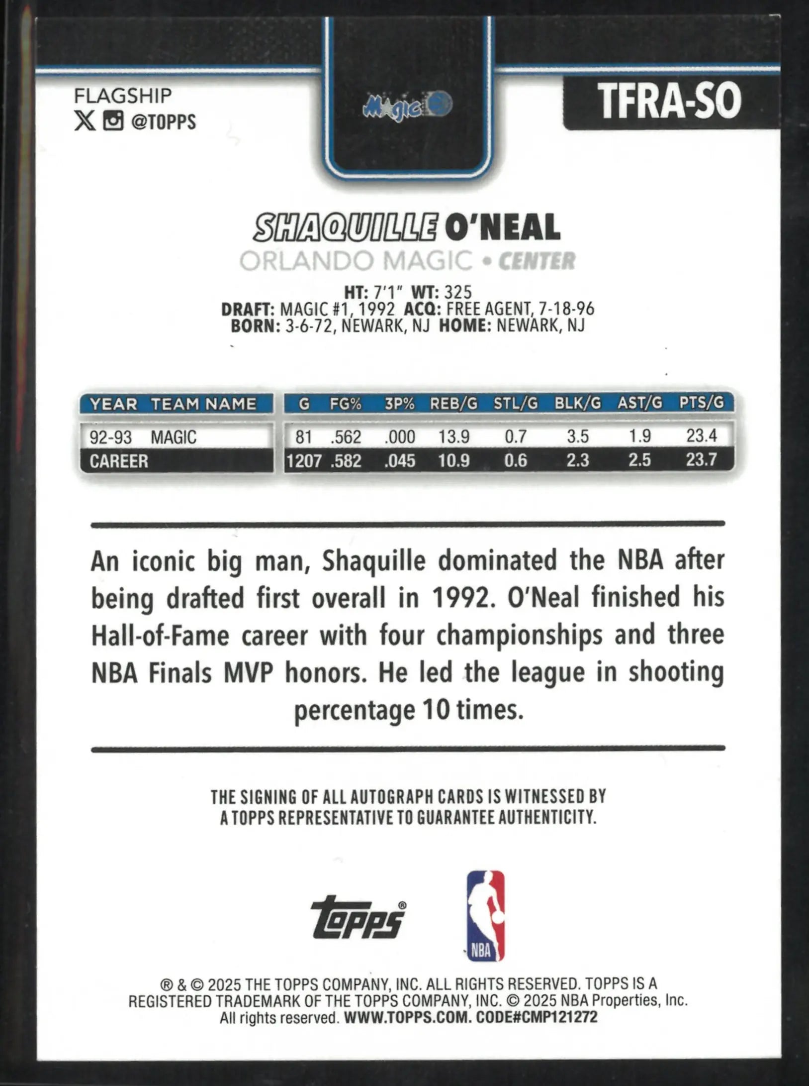 2025 Topps Shaquille O'Neal Autograph 