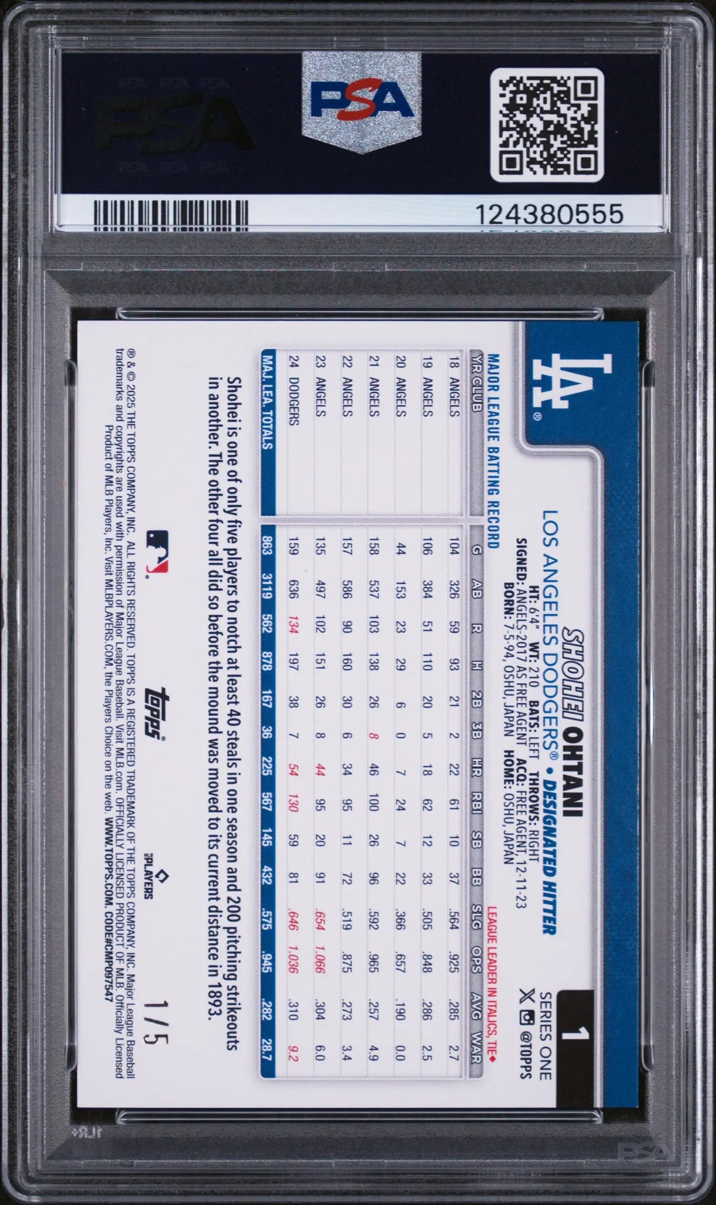 2025 Topps Shohei Ohtani #1 Red Diamante Foil PSA 9 1/5 