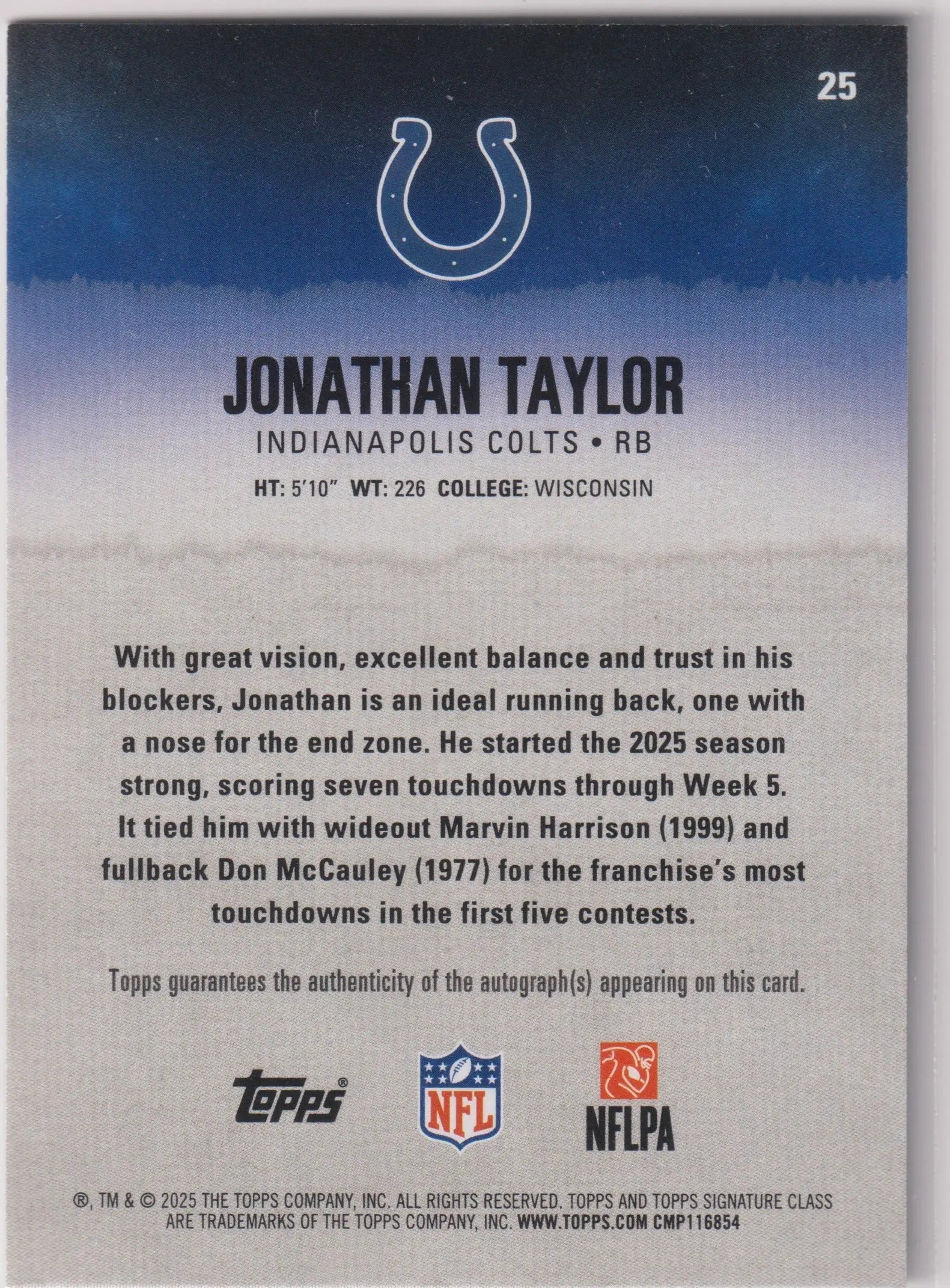 2025 Topps Signature Class Autograph Jonathan Taylor Auto Green /150 