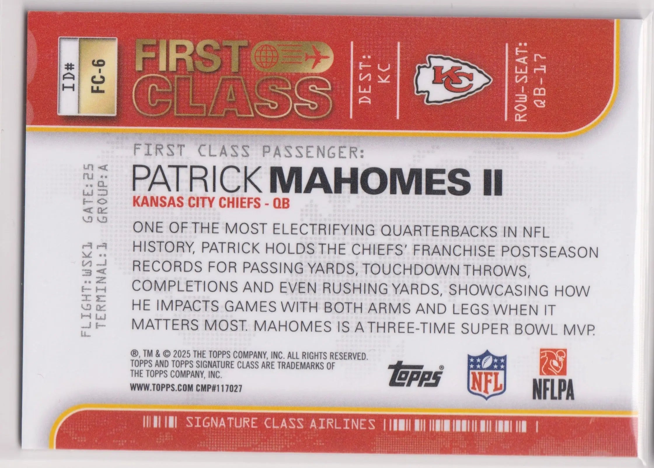 2025 Topps Signature Class First Class Airlines Patrick Mahomes II SP 
