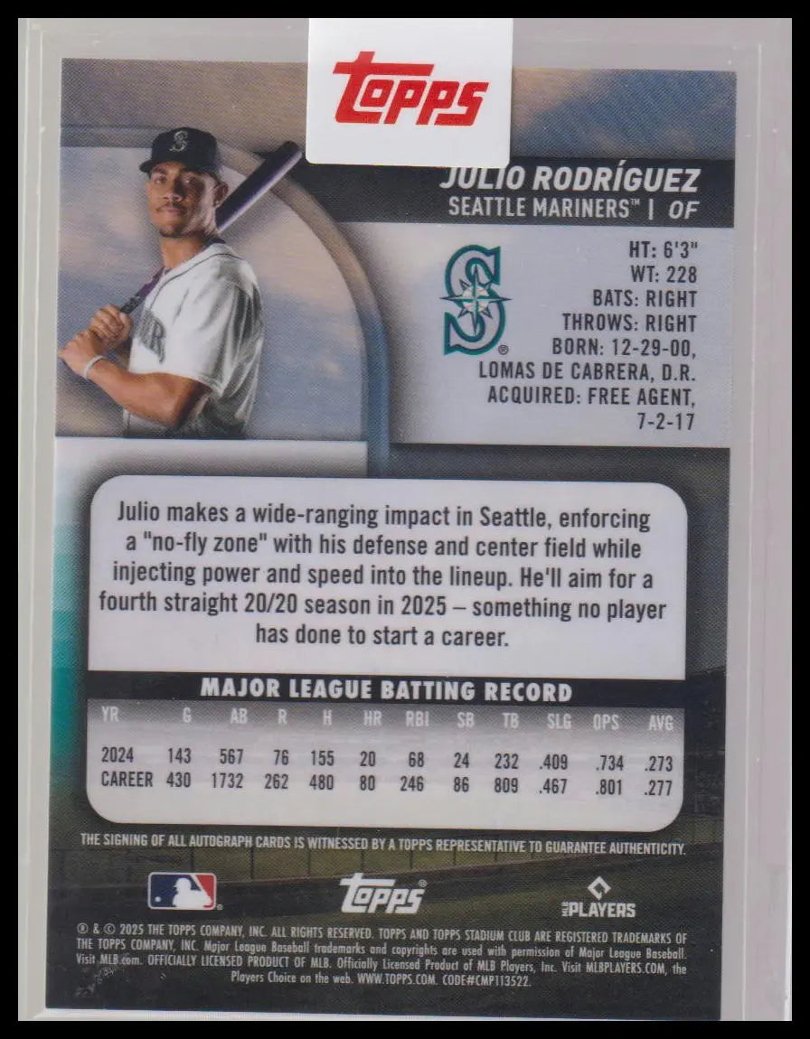 2025 Topps Stadium Club Chrome Autograph Julio Rodriguez Auto Gold /10 