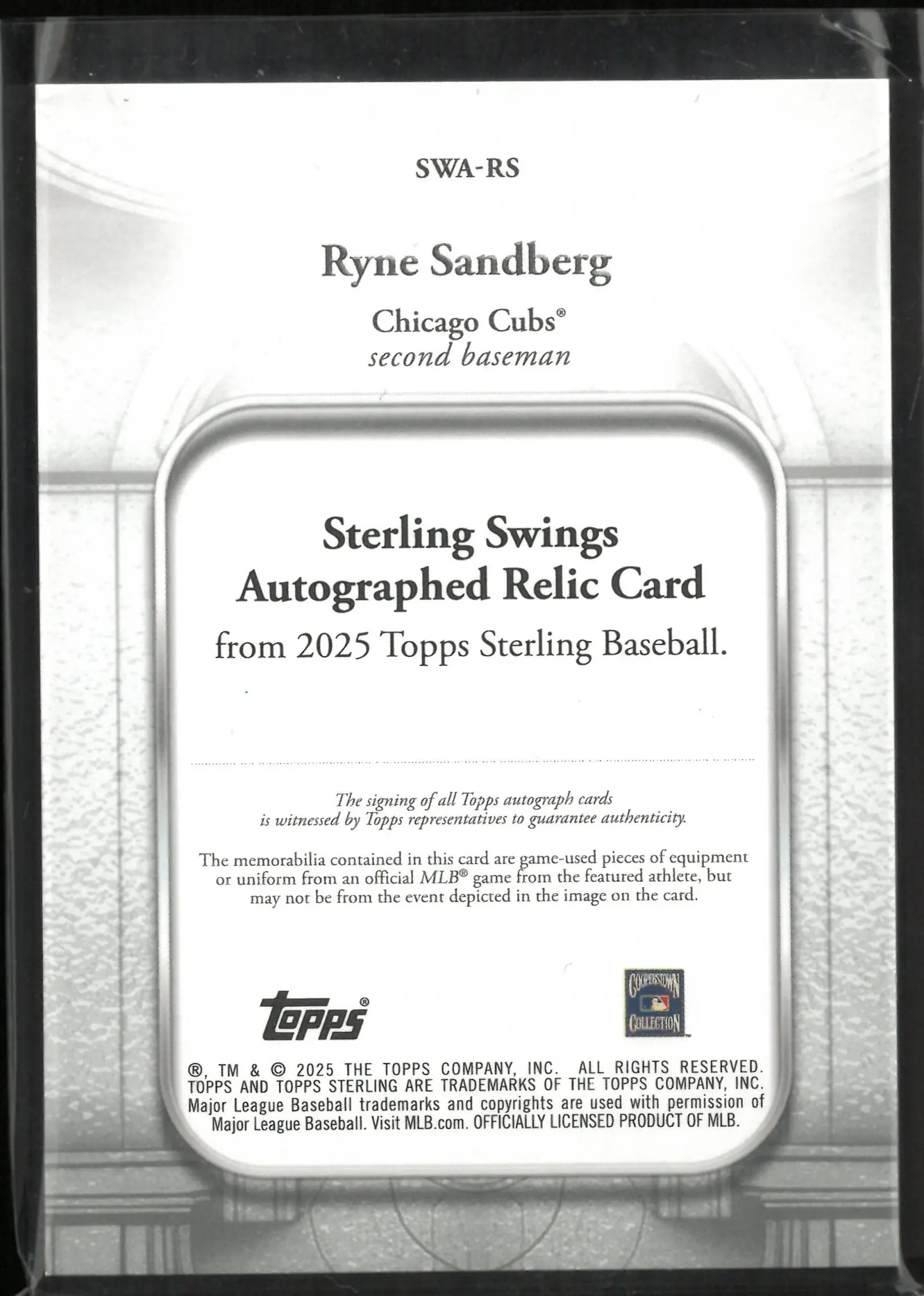 2025 Topps Sterling Swings Autographed Relic Ryne Sandberg Auto Patch /10 