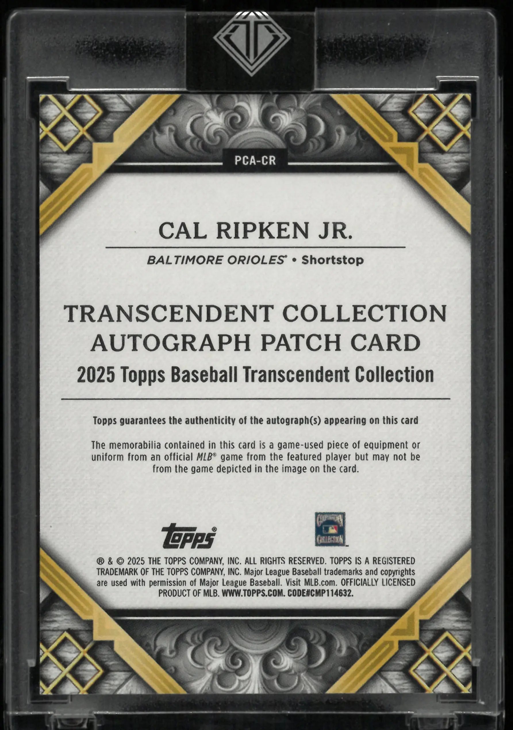 2025 Topps Transcendent Autograph Patch Cal Ripken Jr. Auto Blue /10 