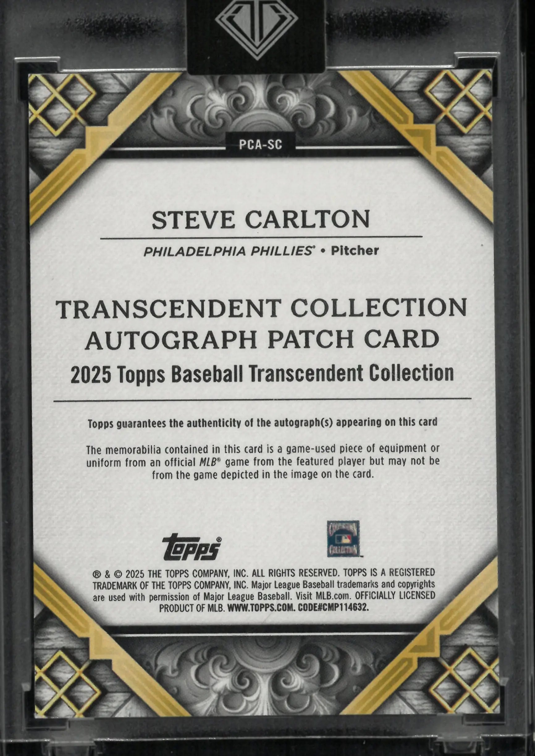 2025 Topps Transcendent Autograph Patch Steve Carlton Auto Gold /25 