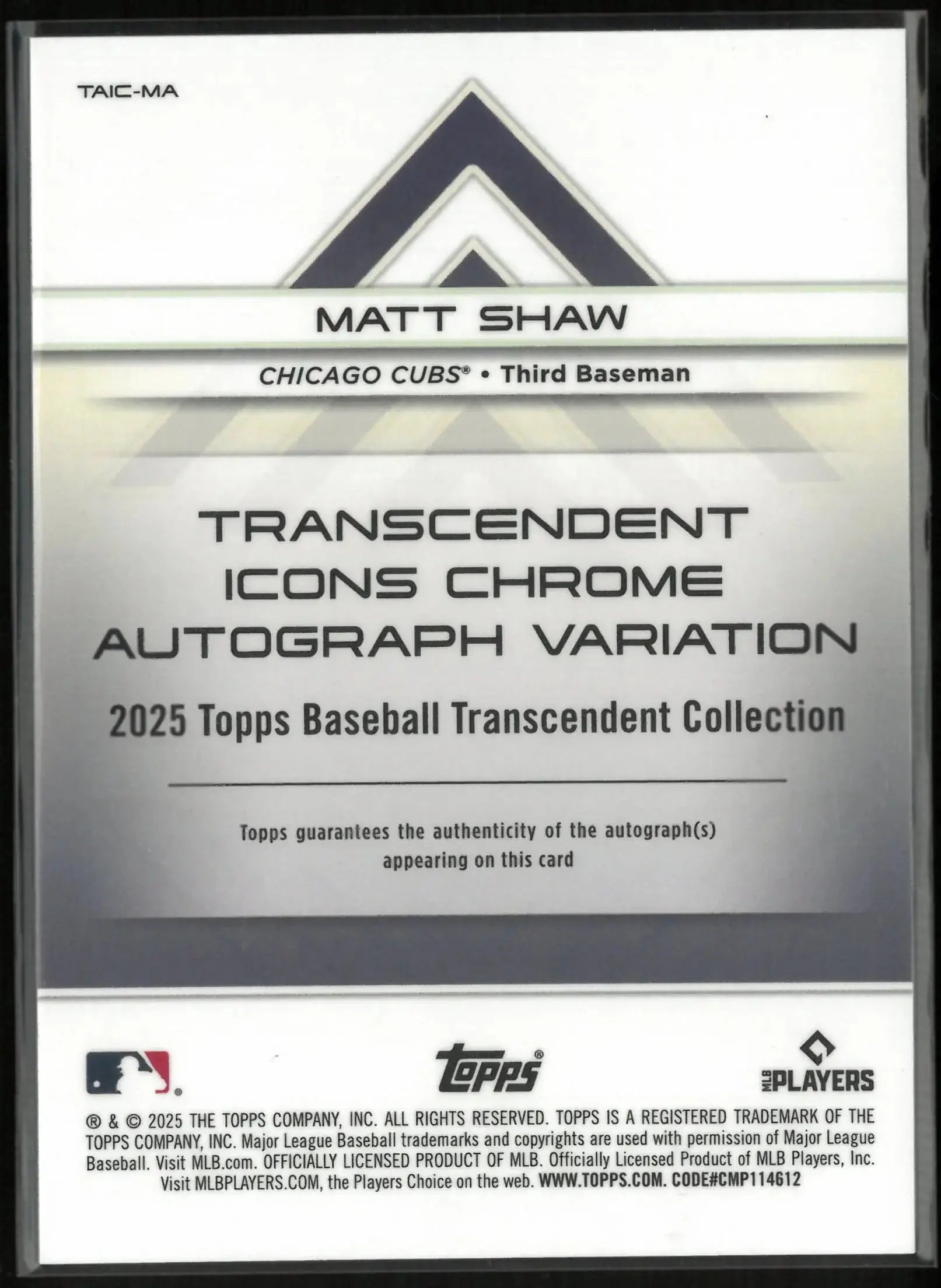 2025 Topps Transcendent Icons Chrome Rookie Autograph Matt Shaw Auto /25 RC 