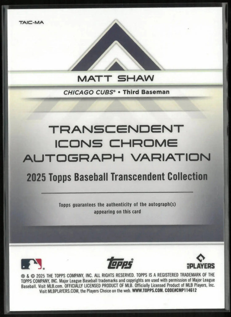 2025 Topps Transcendent Icons Chrome Rookie Autograph Matt Shaw Auto /25 RC 