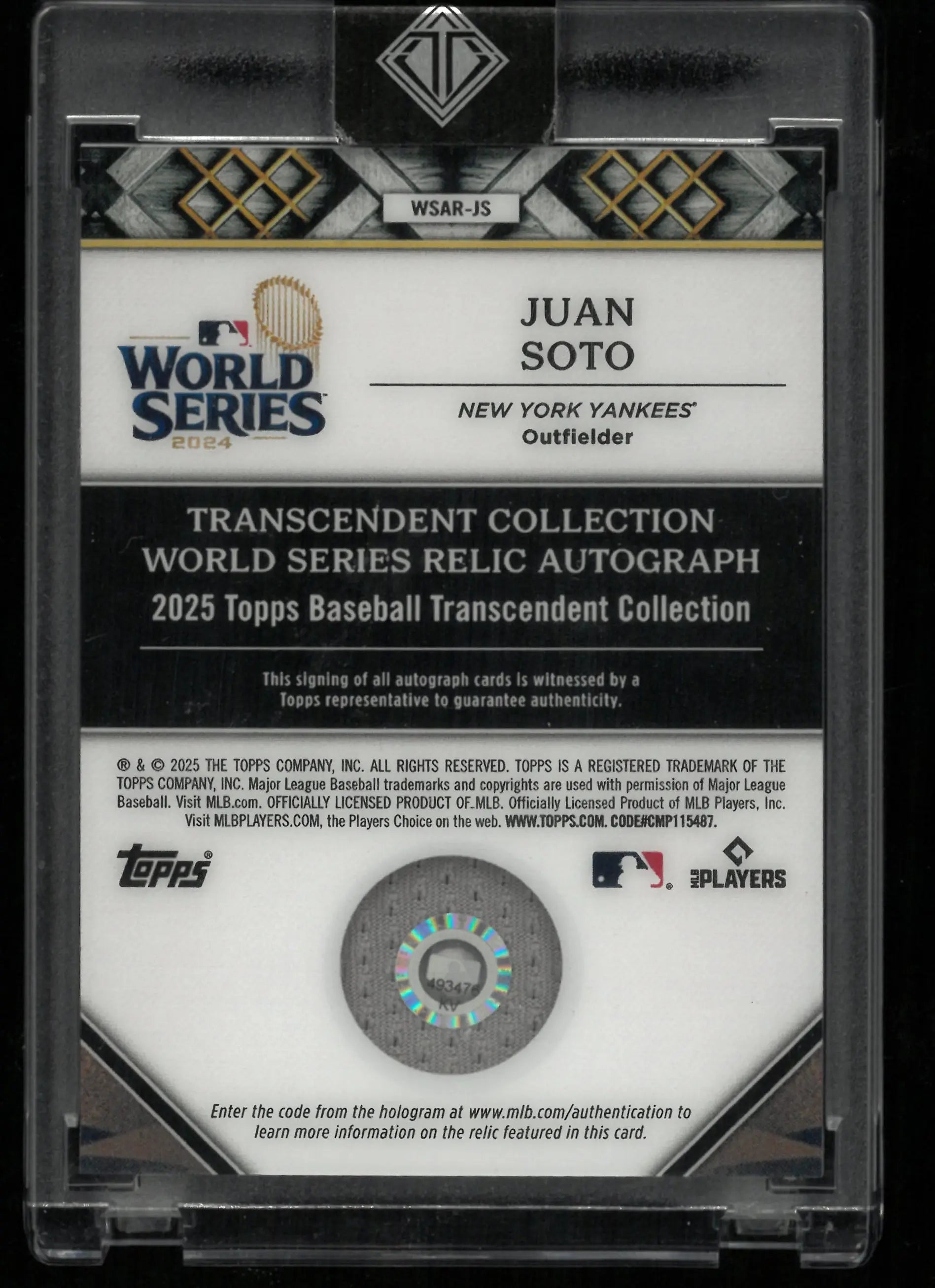 2025 Topps Transcendent World Series Relic Juan Soto Autograph Auto Blue /10 