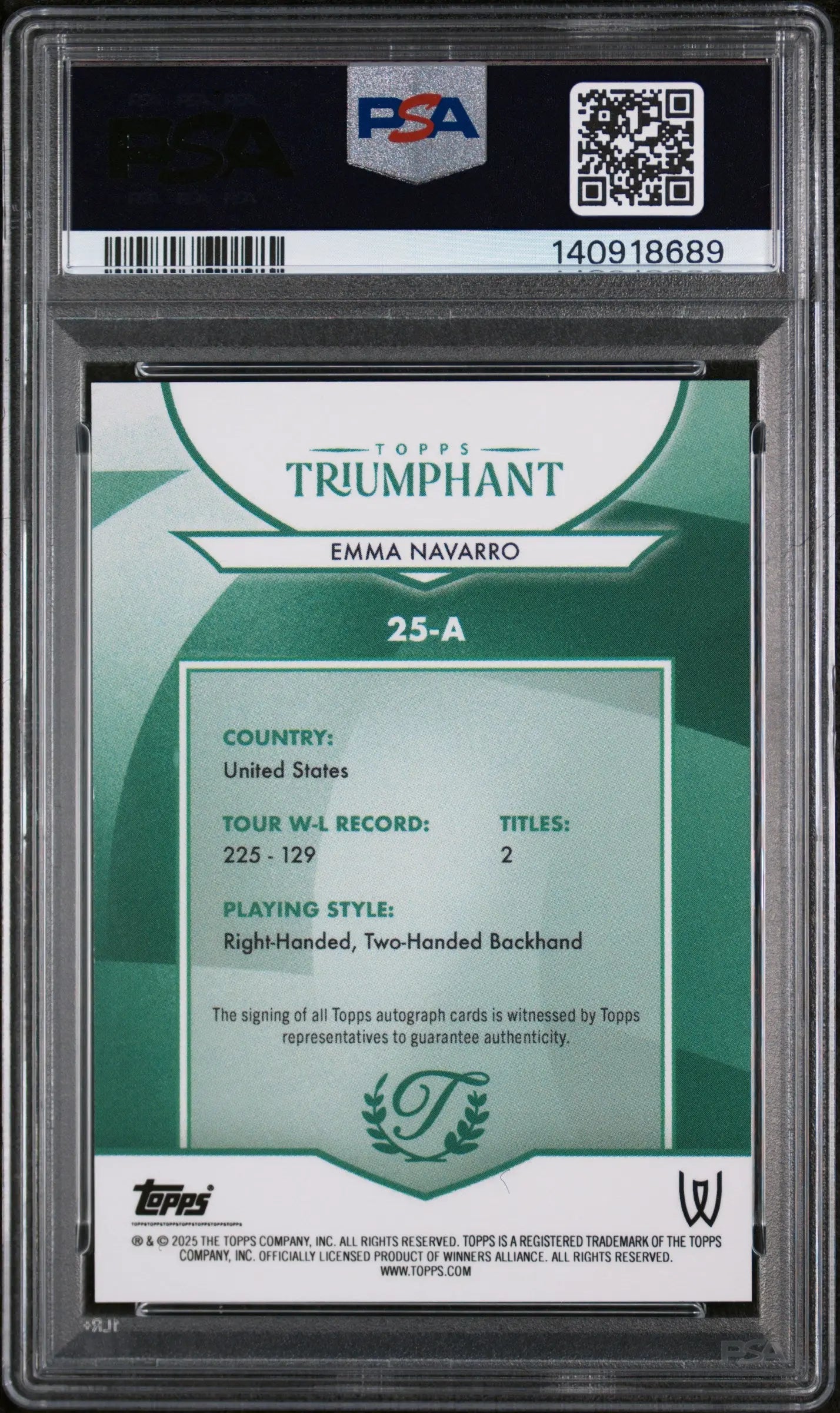 2025 Topps Triumphant Tennis Auto Emma Navarro A Grass Court Green Foil/35 PSA10 