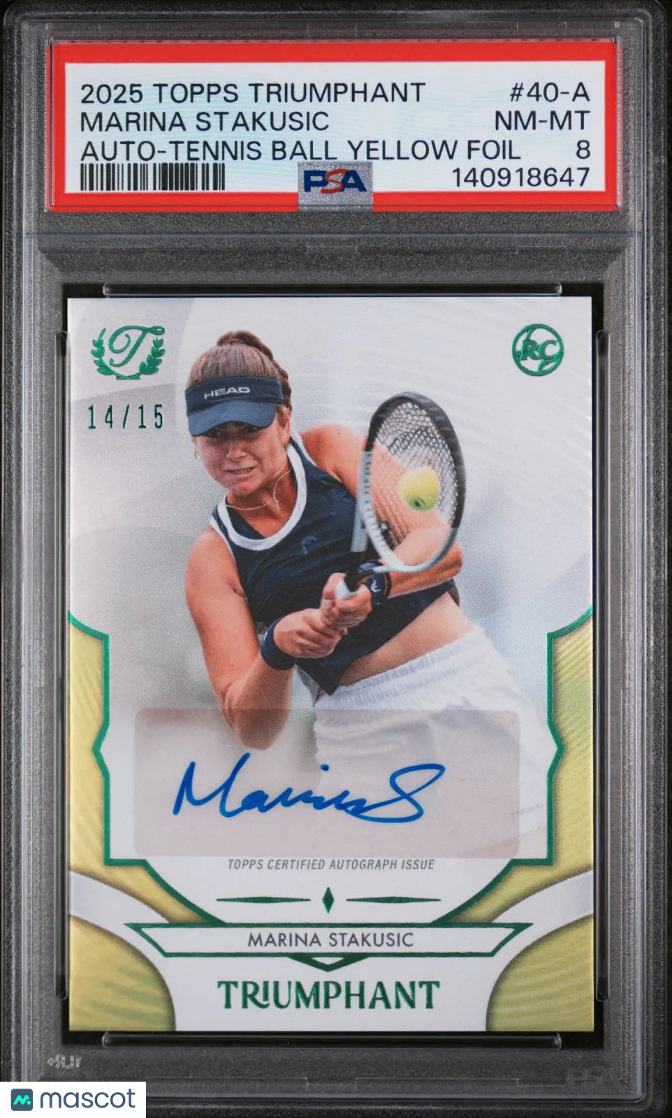 2025 Topps Triumphant Tennis Auto Marina Stakusic A Ball Yellow Foil 14/15 PSA 8 