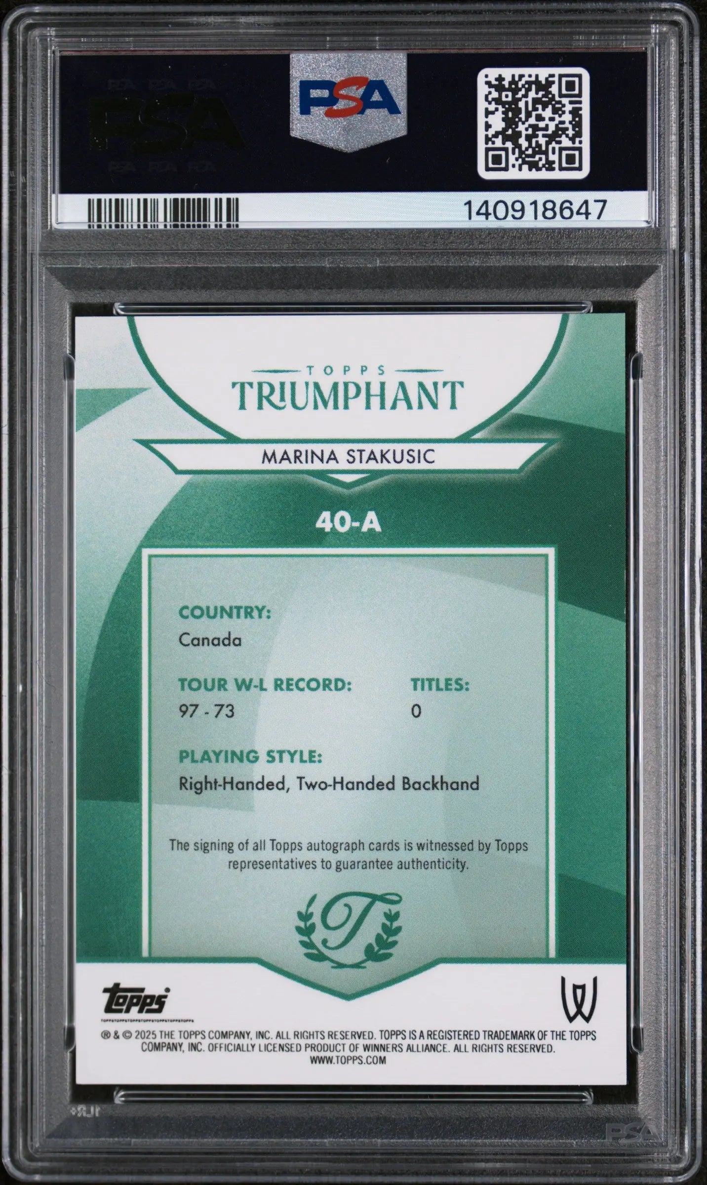 2025 Topps Triumphant Tennis Auto Marina Stakusic A Ball Yellow Foil 14/15 PSA 8 