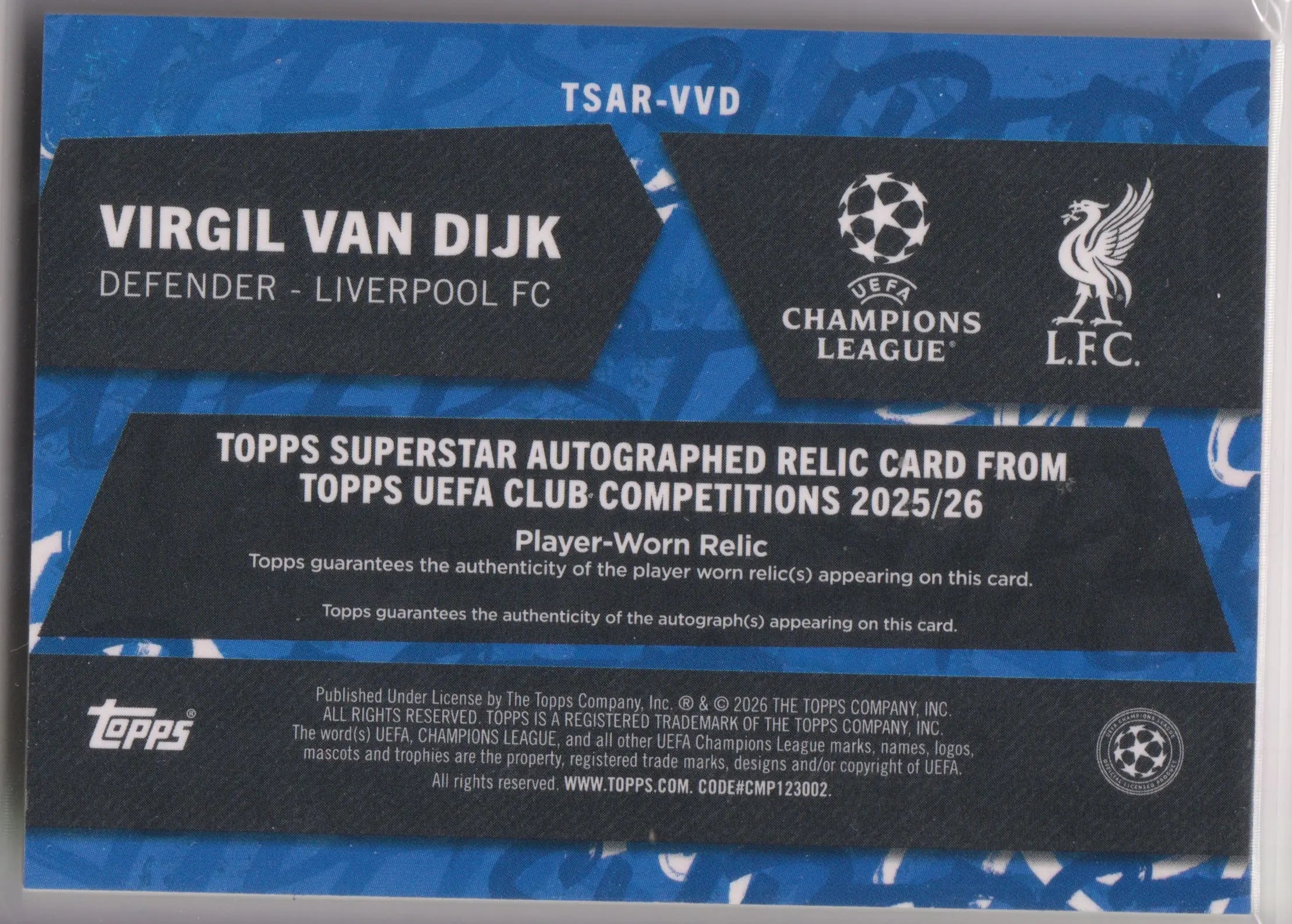 2025 Topps UEFA CC Superstar Autograph Patch Virgil Van Dijk Auto Gold /50 