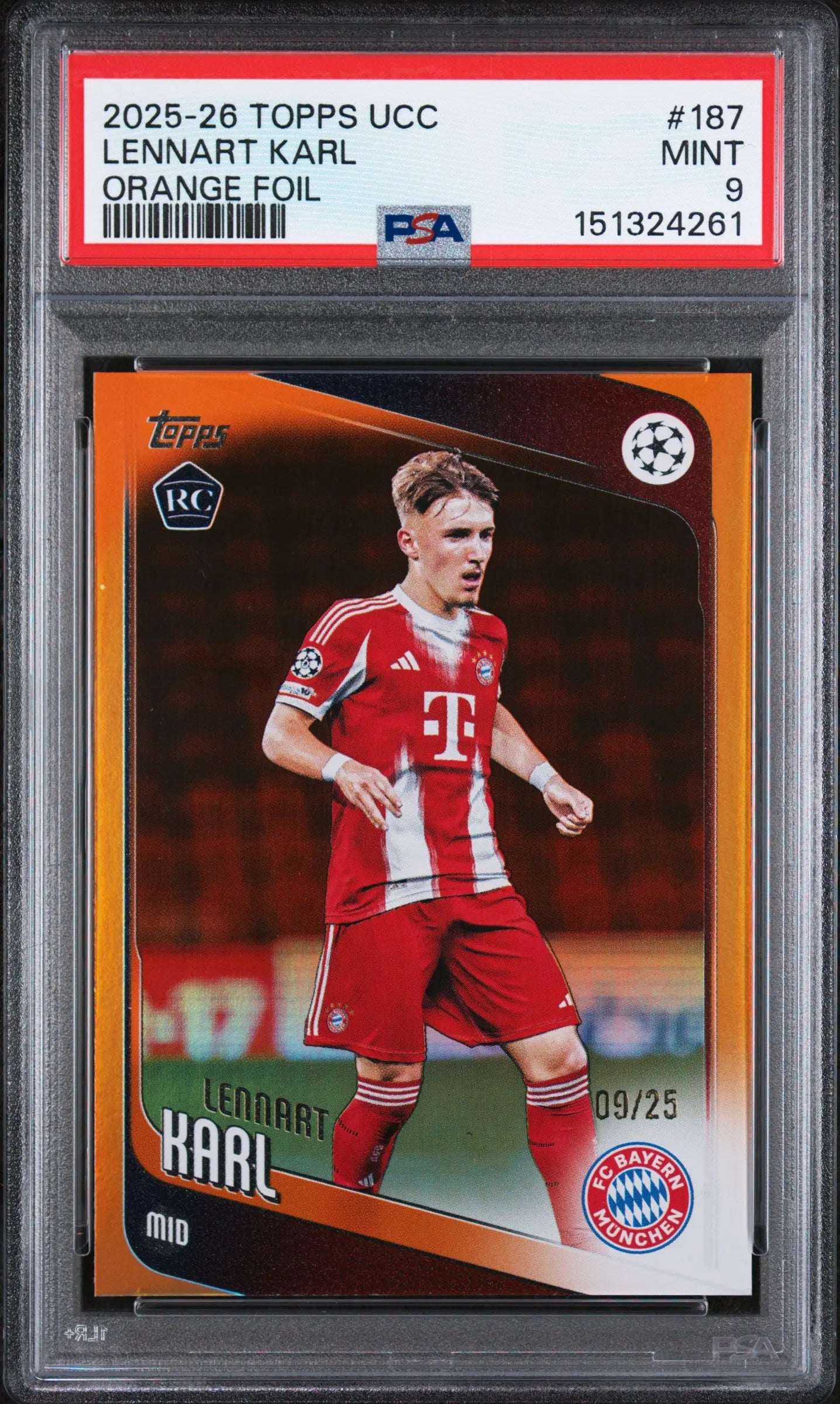 2025 Topps UEFA Club Competitions Rookie Lennart Karl Orange Foil /25 RC PSA 9 