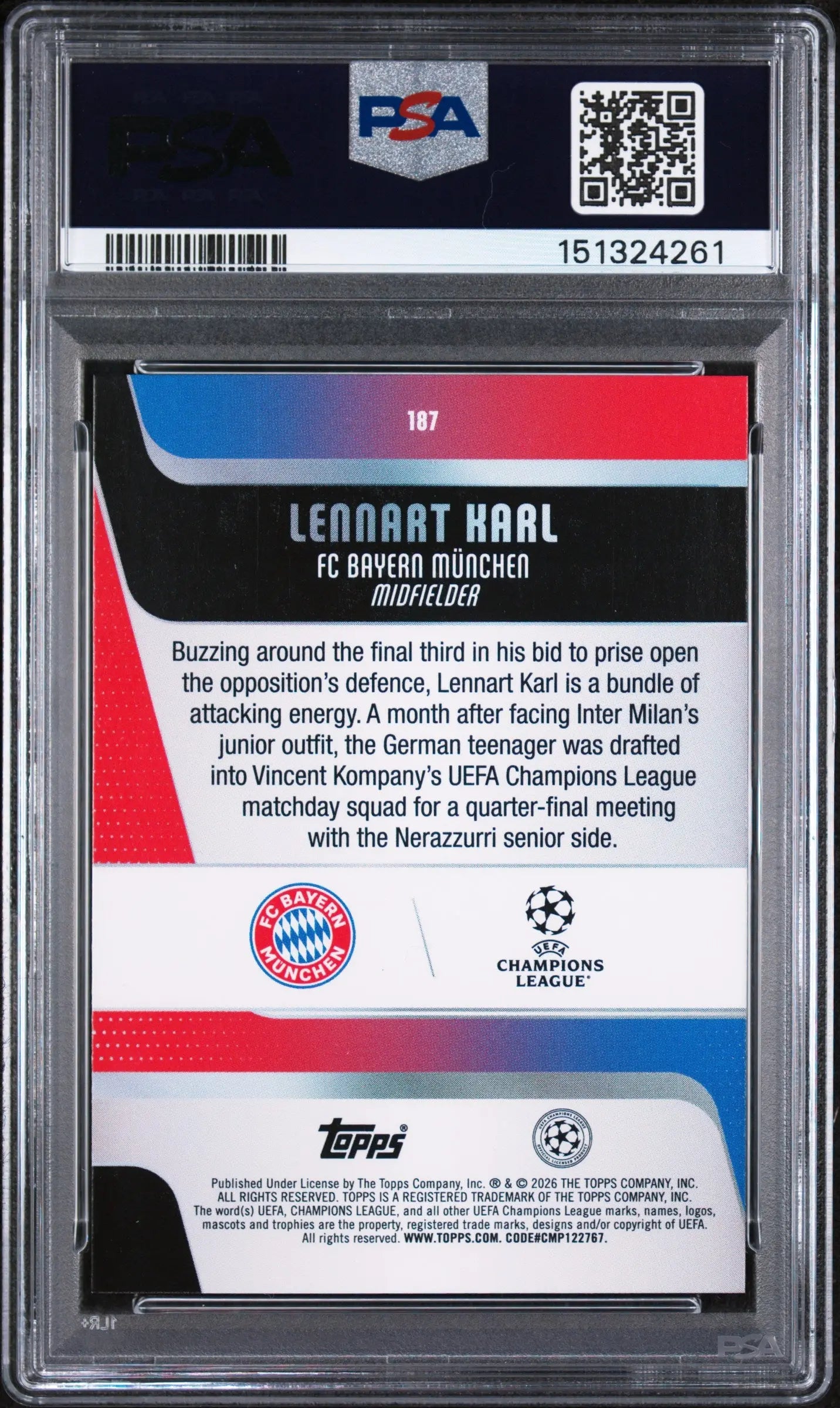 2025 Topps UEFA Club Competitions Rookie Lennart Karl Orange Foil /25 RC PSA 9 