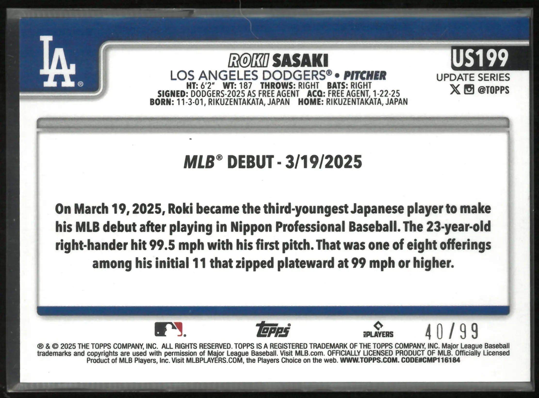 2025 Topps Update Series Roki Sasaki Rookie RC Green Speckle /99 