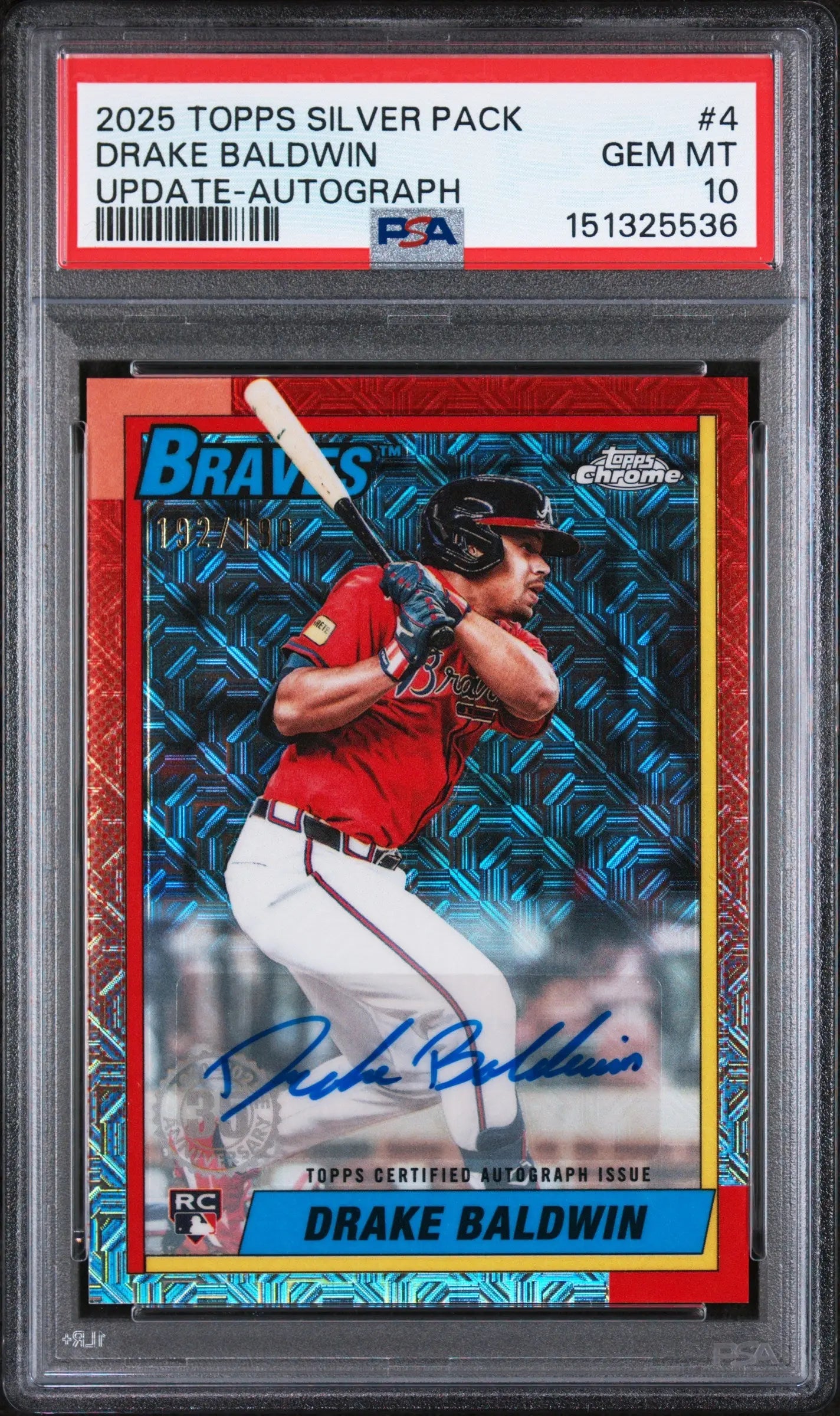2025 Topps Update Silver 1990 Promo Rookie Autograph Drake Baldwin/199 RC PSA 10 