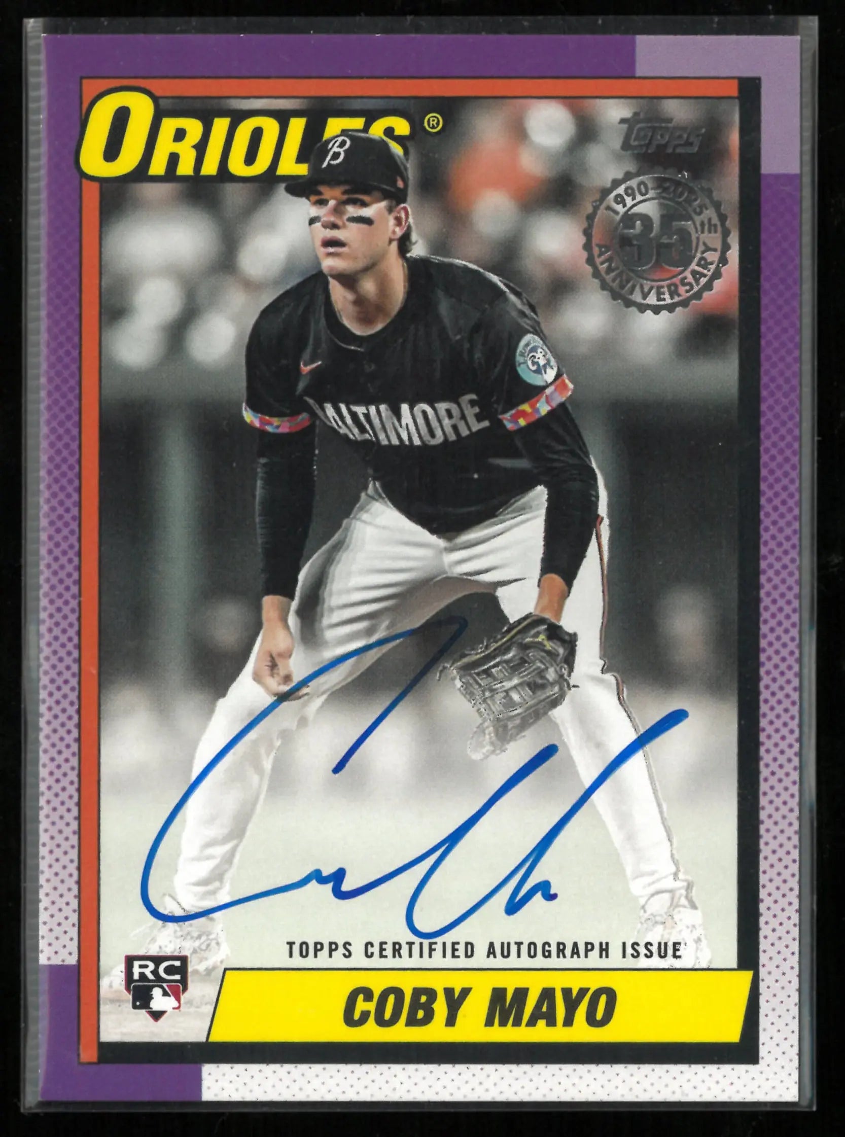 2025 Topps baseball Coby Mayo 1990 35th Anniversary Purple RC Rookie Autograph Auto 