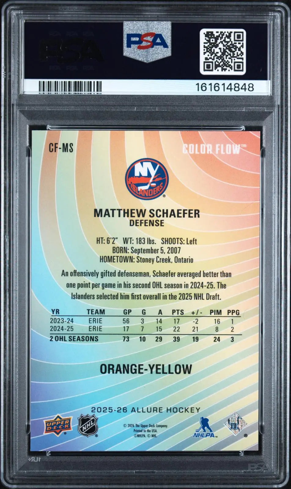 2025 UD Allure Color Flow Rookie Matthew Schaefer RC Orange-Yellow PSA 10 