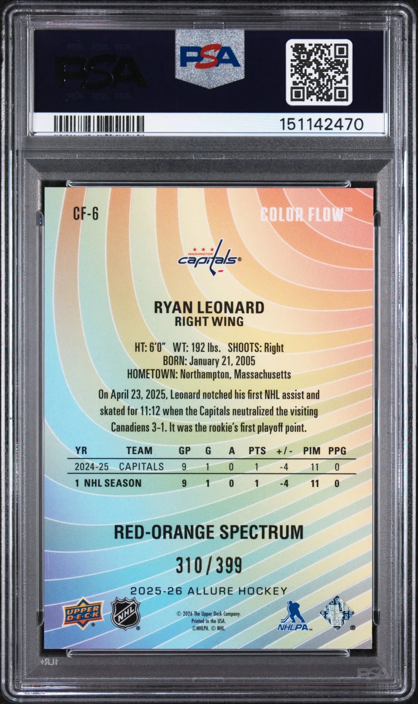 2025 UD Allure Color Flow Rookie Ryan Leonard  Red Orange Spectrum /399 RC PSA 9 