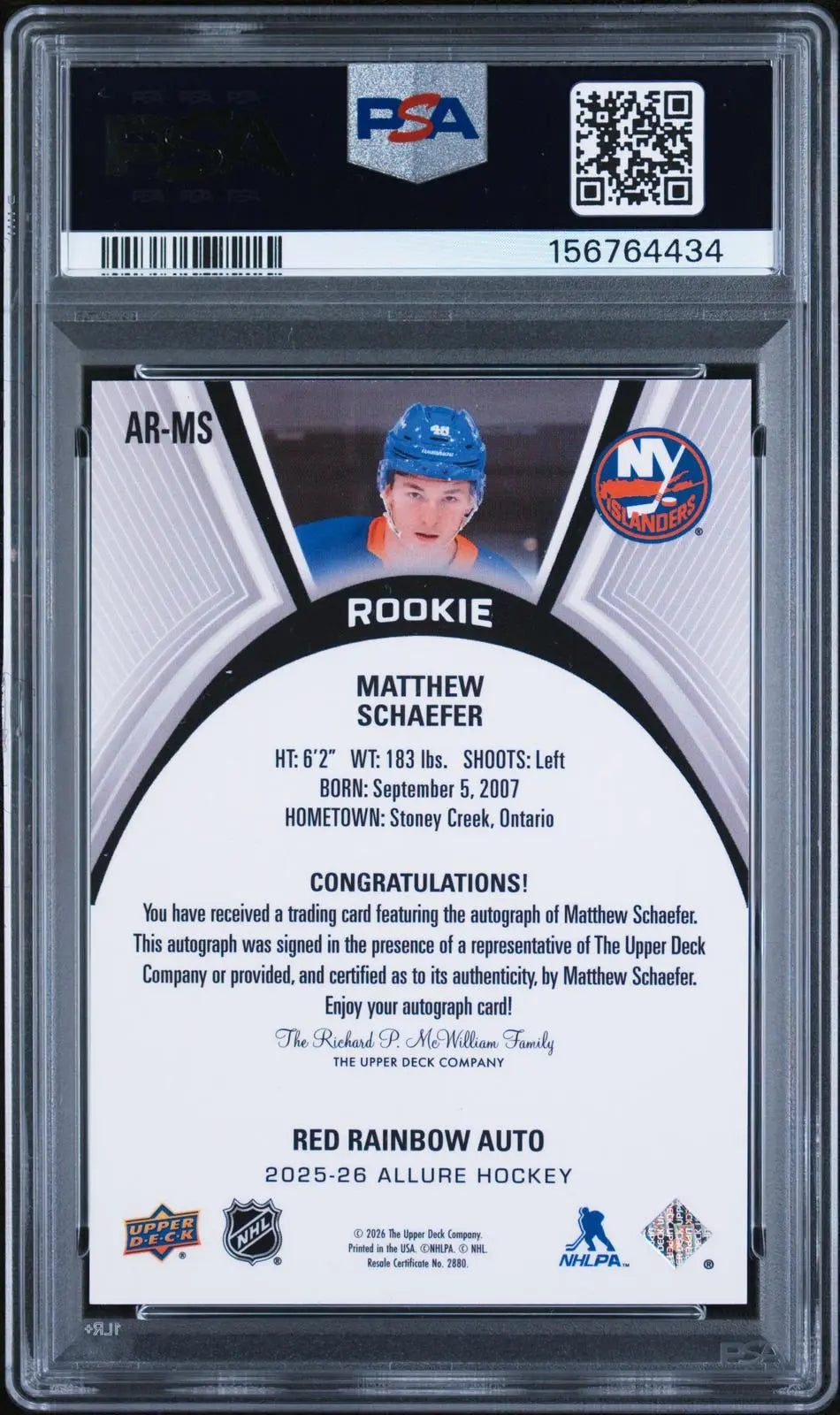 2025 UD Allure Extended Rookies Autograph Matthew Schaefer Red Rainbow PSA 10 
