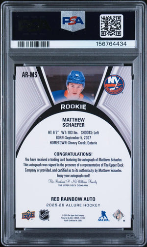 2025 UD Allure Extended Rookies Autograph Matthew Schaefer Red Rainbow PSA 10 