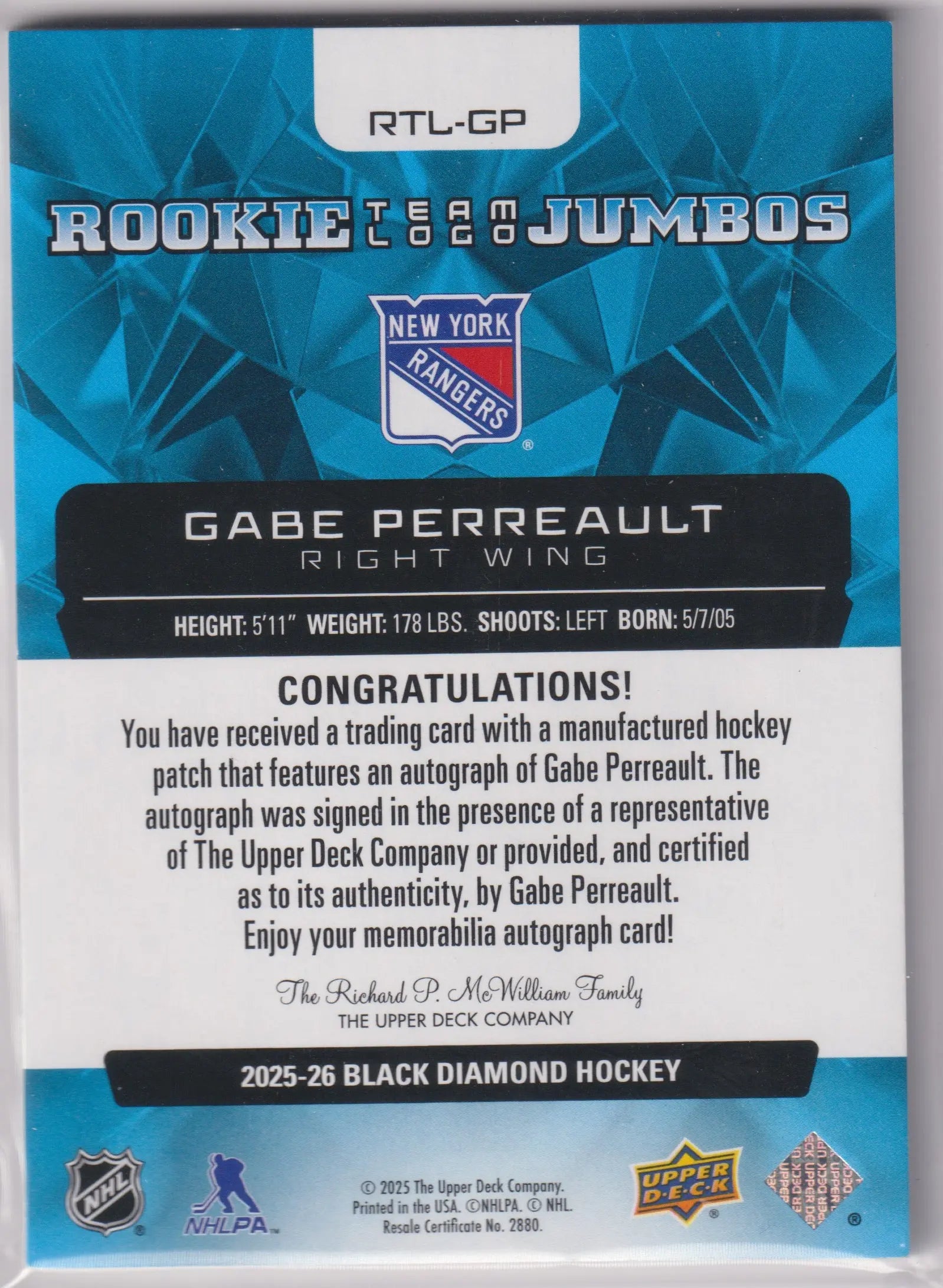 2025 UD Black Diamond Rookie Jumbos Team Logo Patch Autograph Gabe Perreault /99 