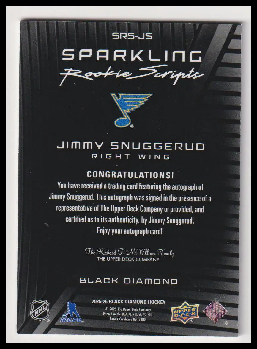 2025 UD Black Diamond Sparkling Rookie Scripts Auto Jimmy Snuggerud Auto RC 