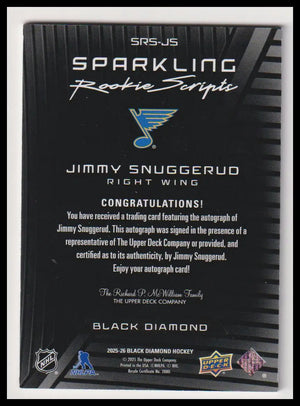 2025 UD Black Diamond Sparkling Rookie Scripts Auto Jimmy Snuggerud Auto RC 