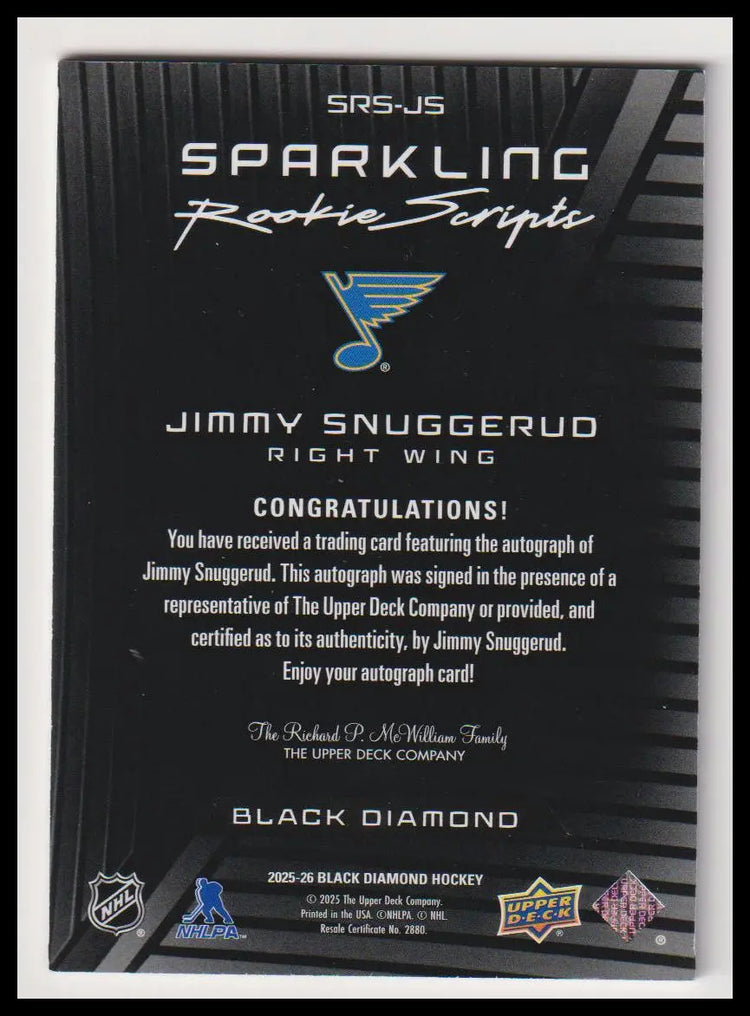 2025 UD Black Diamond Sparkling Rookie Scripts Auto Jimmy Snuggerud Auto RC 
