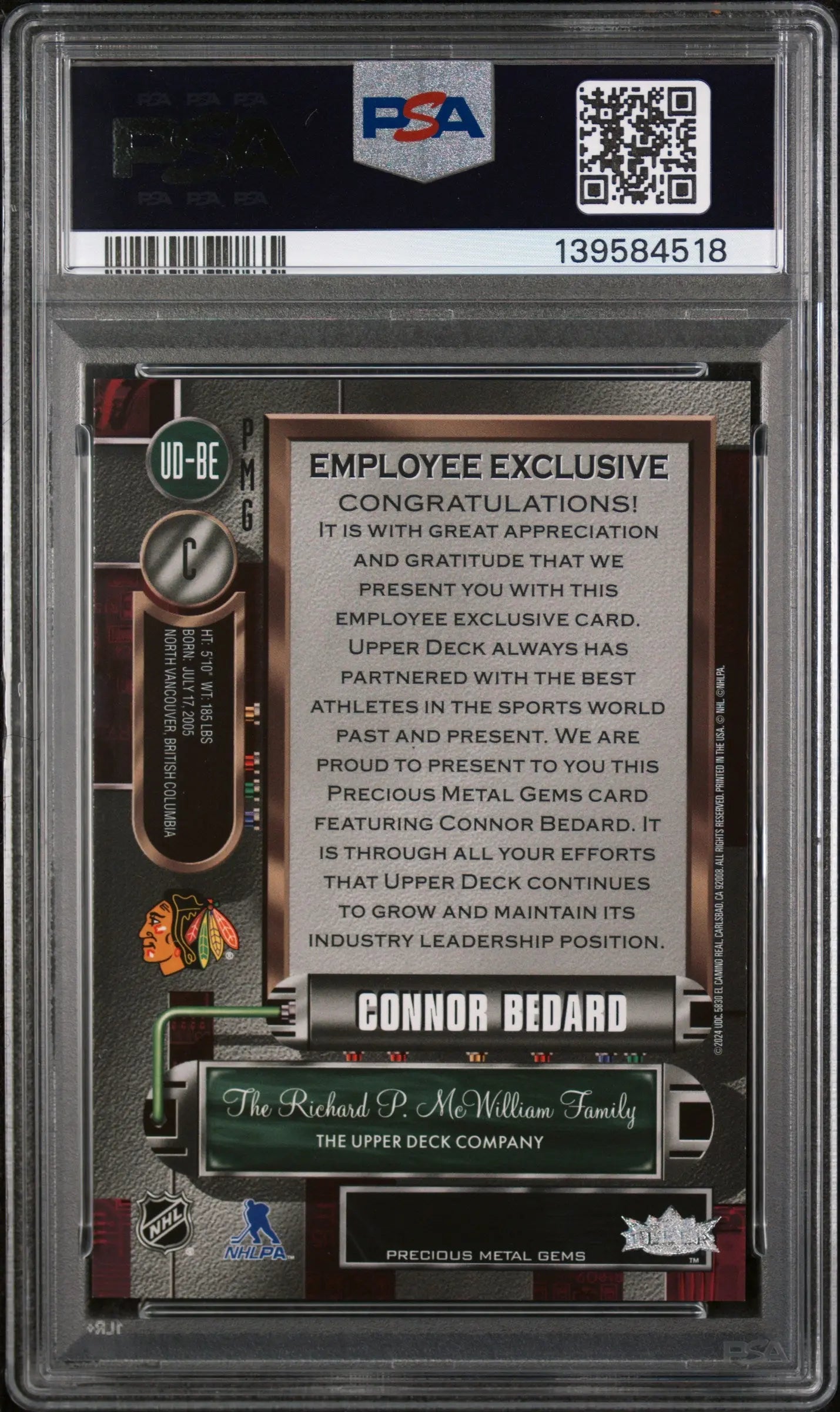 2025 UD Employee Exclusive Precious Metal Gems Connor Bedard Purple PSA 9 