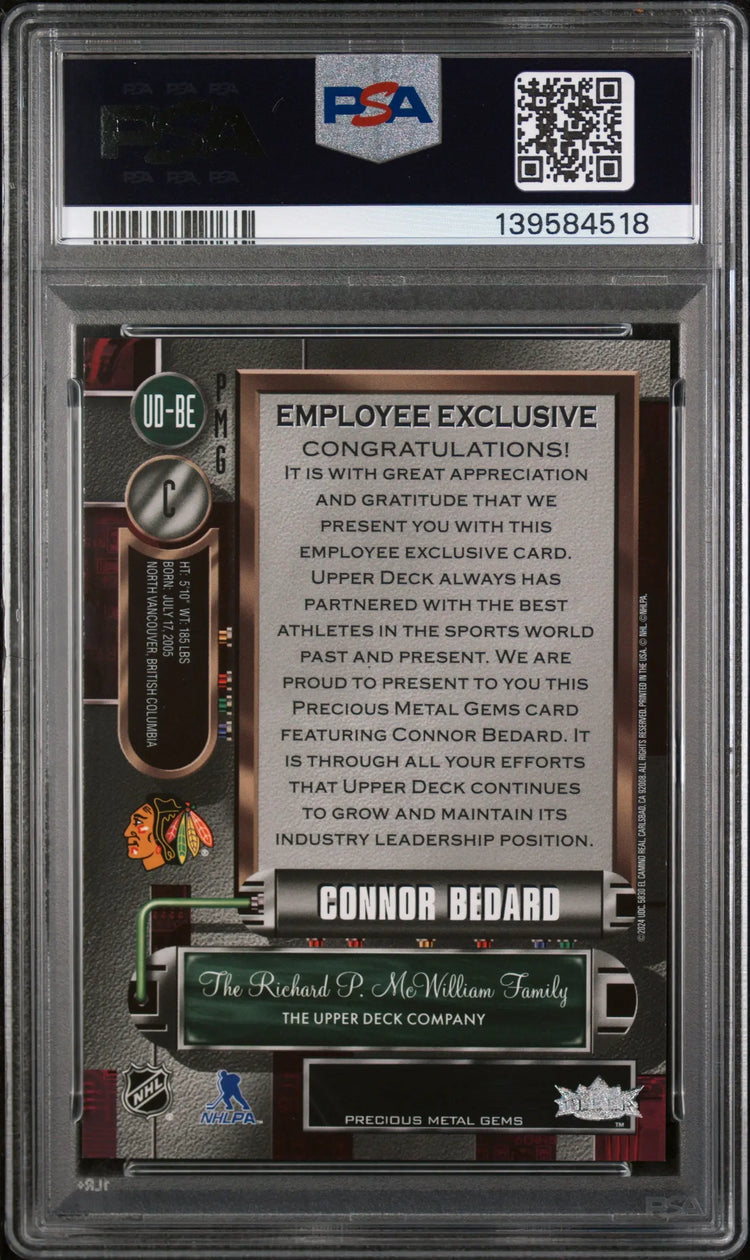 2025 UD Employee Exclusive Precious Metal Gems Connor Bedard Purple PSA 9 