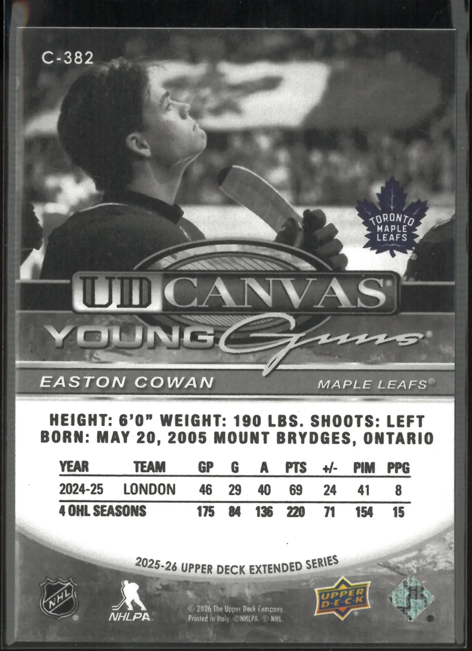 2025 UD Extended Series UD Canvas Black White Young Guns RC Easton Cowan 
